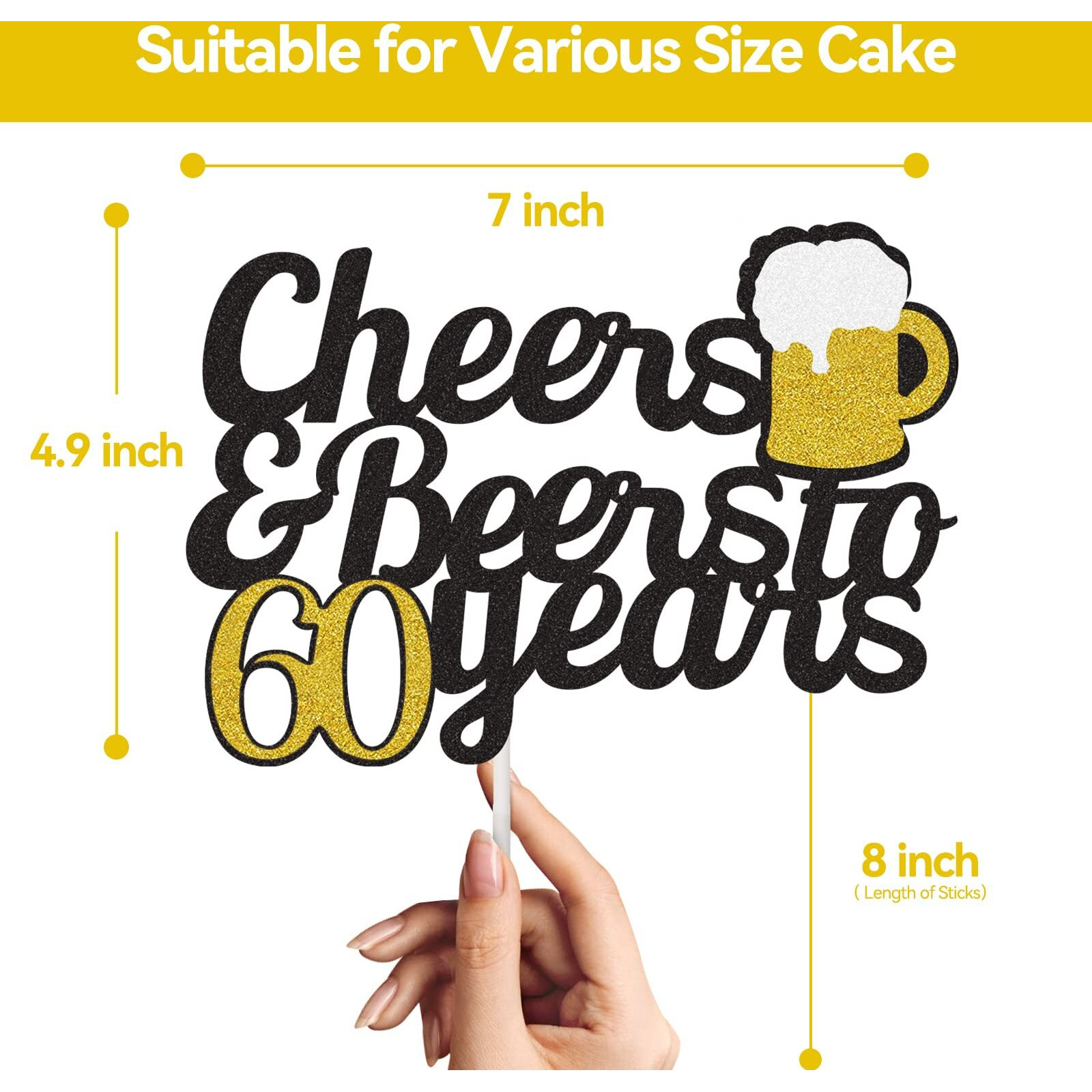 Cheers To 60 Years Cake Topper, Happy 60Th Birthday Cake Topper, 60Th Anniversary Birthday Party Supplies Black And Gold Glitter Decorations Double Sided