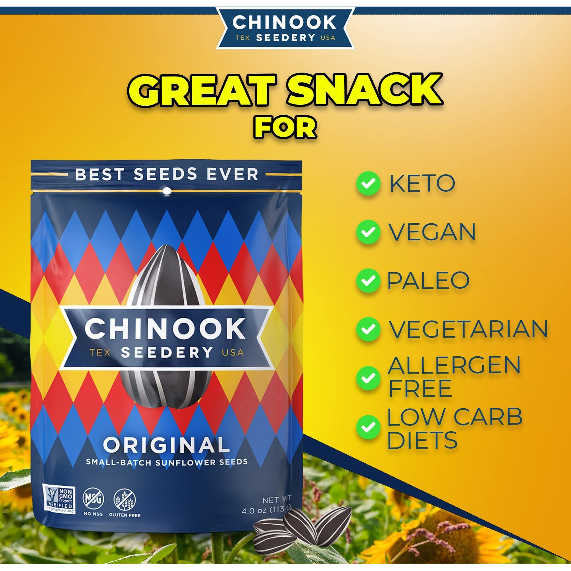 Chinook Seedery Roasted Sunflower Seeds - Jumbo Seeds Keto Snacks - Best For Snack Packs - Gluten Free, Non Gmo Snack Food Gifts - 4 Ounce (Pack Of 3) - Chinook Faves Variety Pack