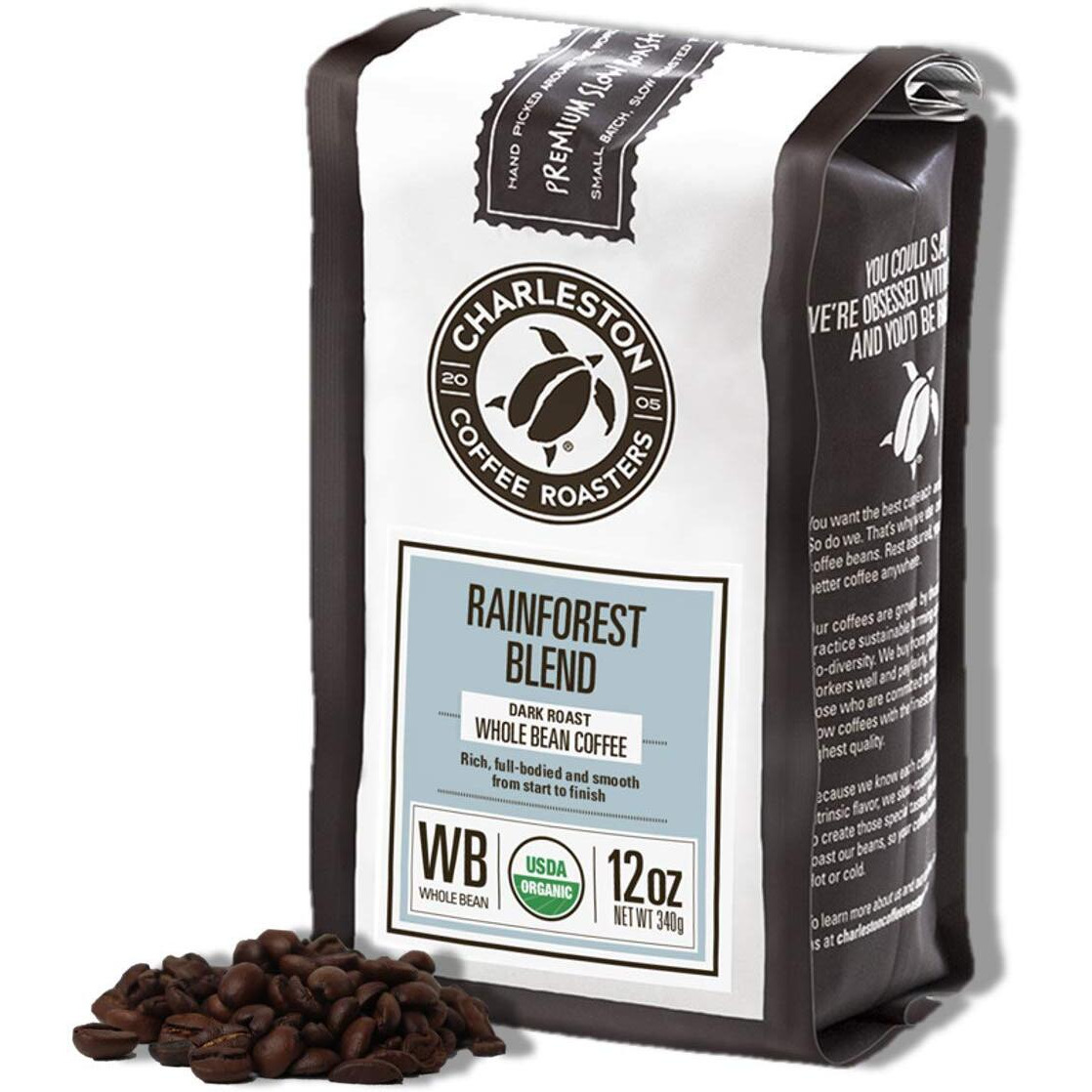 Charleston Coffee Roasters | Specialty Organic Whole Bean Coffee | Hand Picked, Premium Slow Roast | (Rainforest Blend, Dark Roast) 12Oz