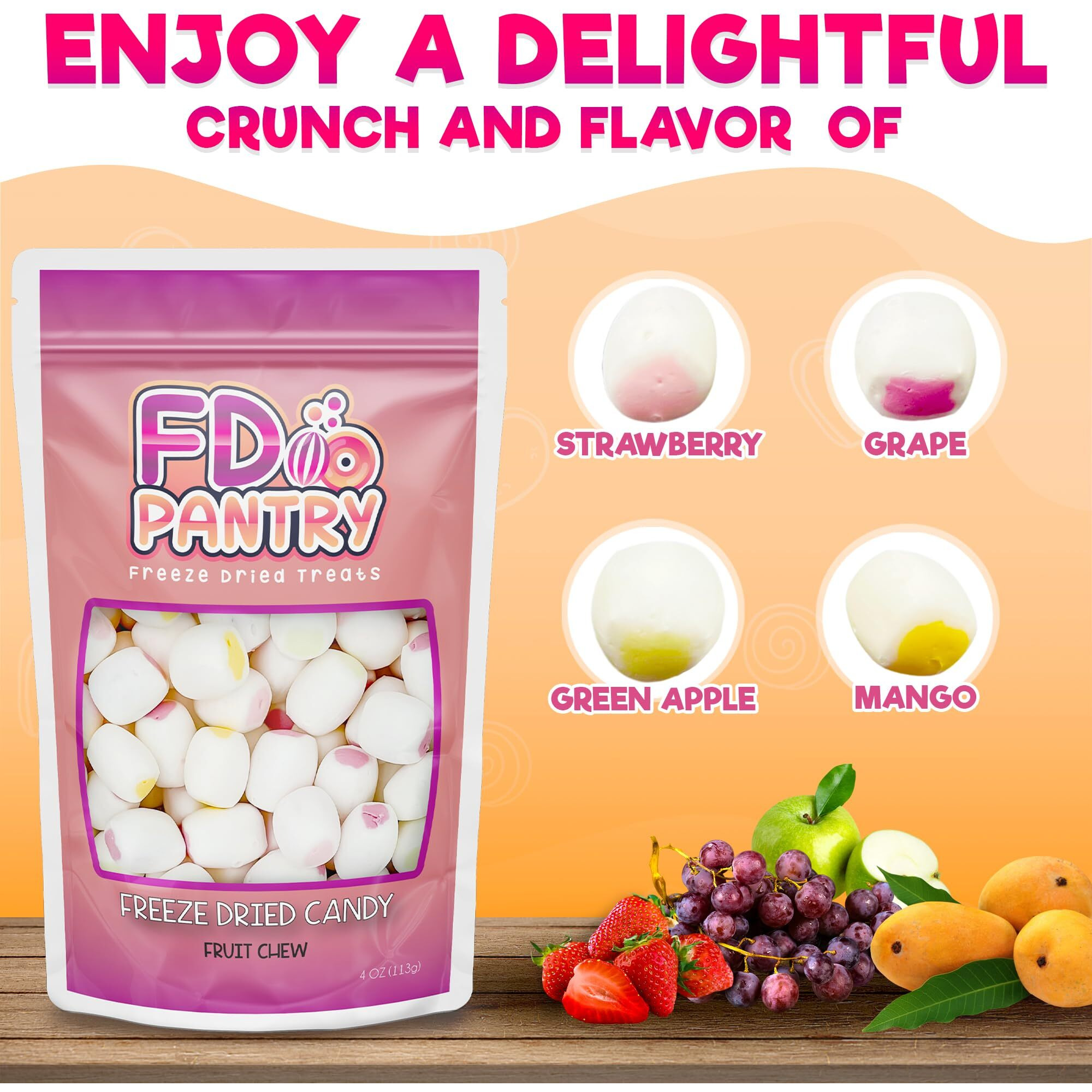 Freeze Dried Fruit Chews Crunchy Candy - 4 Oz Bag (Fruit Chews) - Strawberry, Green Apple, Mango, & Grape Treat Gift Snack Bag Variety Sampler Pack Assortment