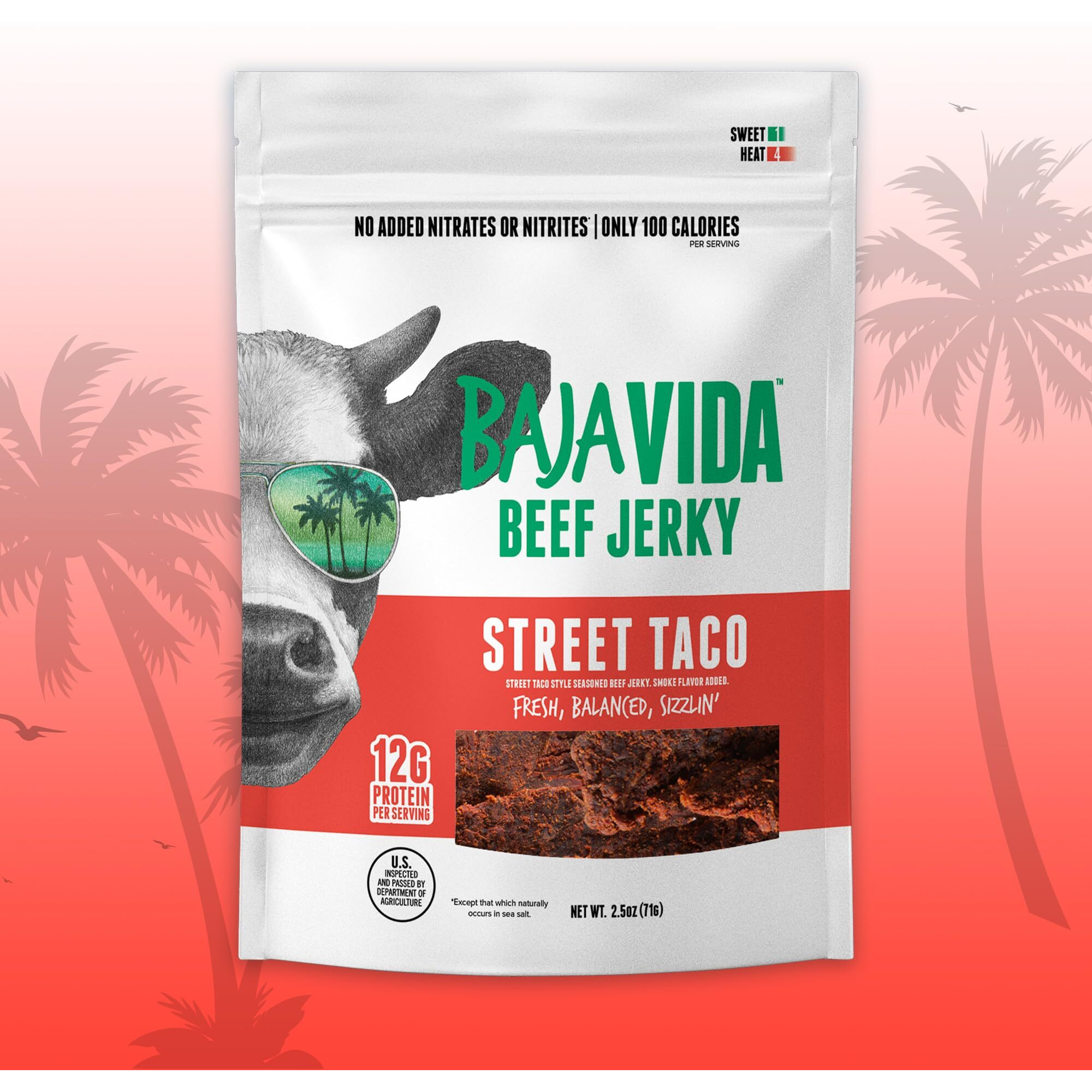 Baja Vida Street Taco Beef Jerky - Sweet And Spicy Beef Jerky Snack Packs, Healthy Jerky, Gluten-Free, All-Natural Beef, No Msg, Made In The Usa - 2.5 Oz Bags (Pack Of 4)