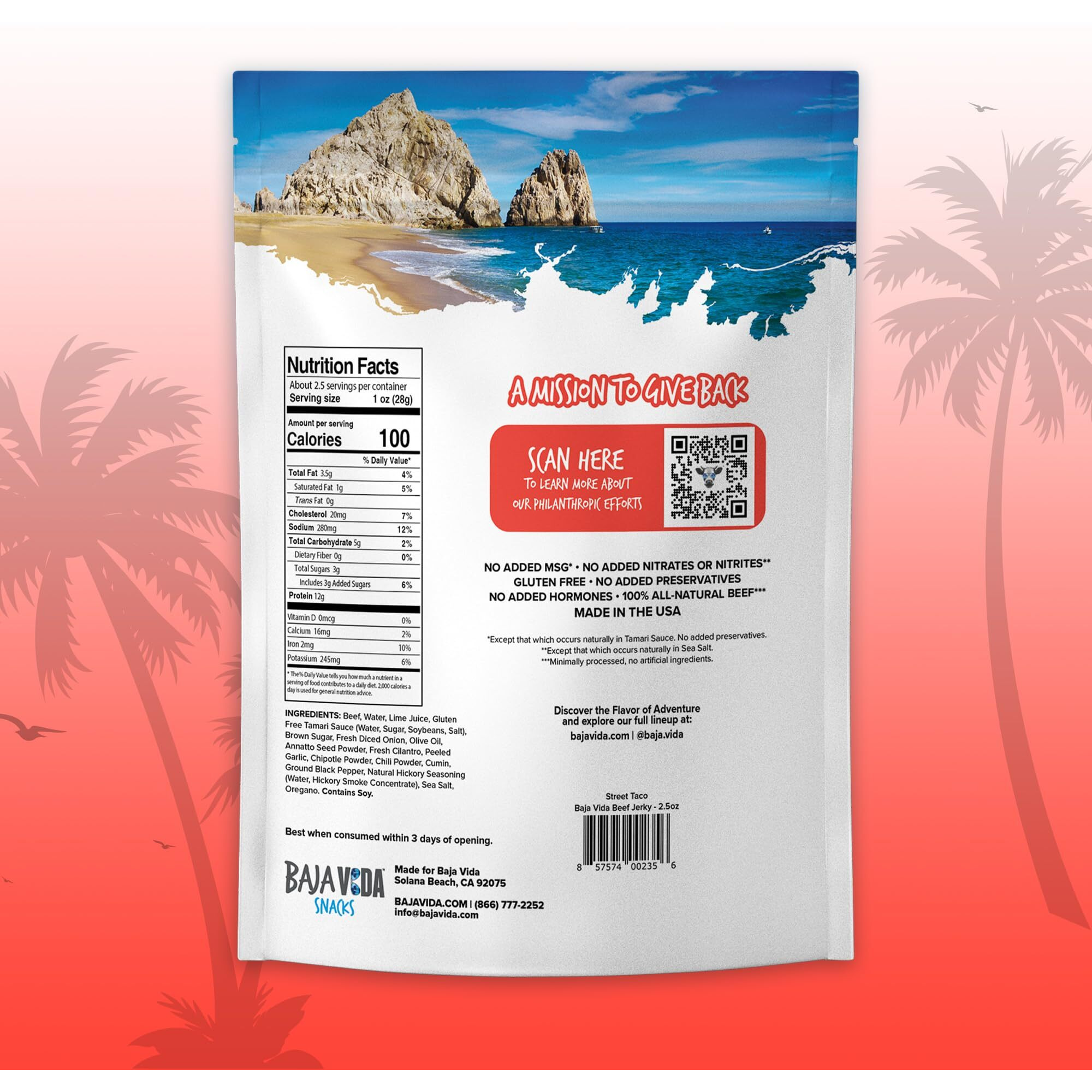 Baja Vida Street Taco Beef Jerky - Sweet And Spicy Beef Jerky Snack Packs, Healthy Jerky, Gluten-Free, All-Natural Beef, No Msg, Made In The Usa - 2.5 Oz Bags (Pack Of 4)