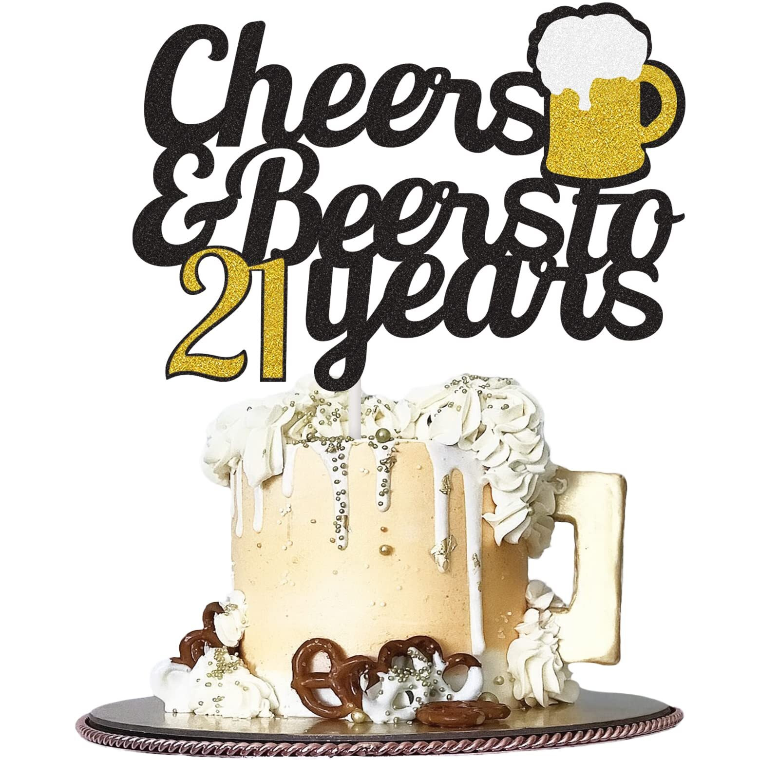 Cheers To 21 Years Cake Topper, Happy 21St Birthday Cake Topper, 21Th Anniversary Birthday Party Supplies Black And Gold Glitter Decorations Double Sided