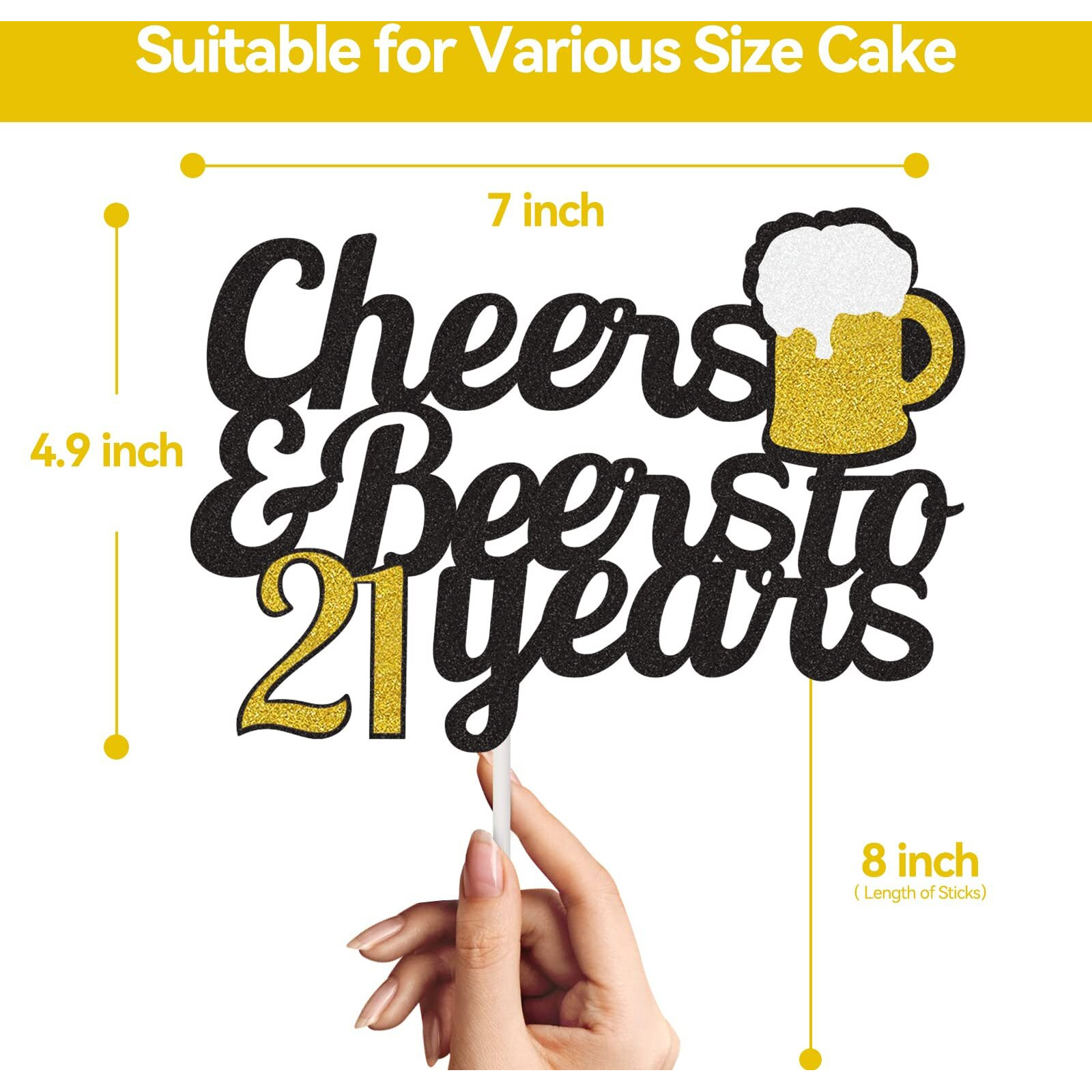 Cheers To 21 Years Cake Topper, Happy 21St Birthday Cake Topper, 21Th Anniversary Birthday Party Supplies Black And Gold Glitter Decorations Double Sided