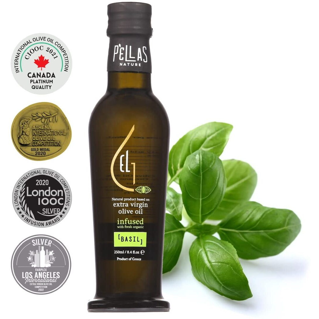 Pellas Nature, Organic Basil Infused Greek Extra Virgin Olive Oil, Finishing Olive Oil, Gold Award Winner, Kosher, 8.5 Oz. (250 Ml) Glass Bottle