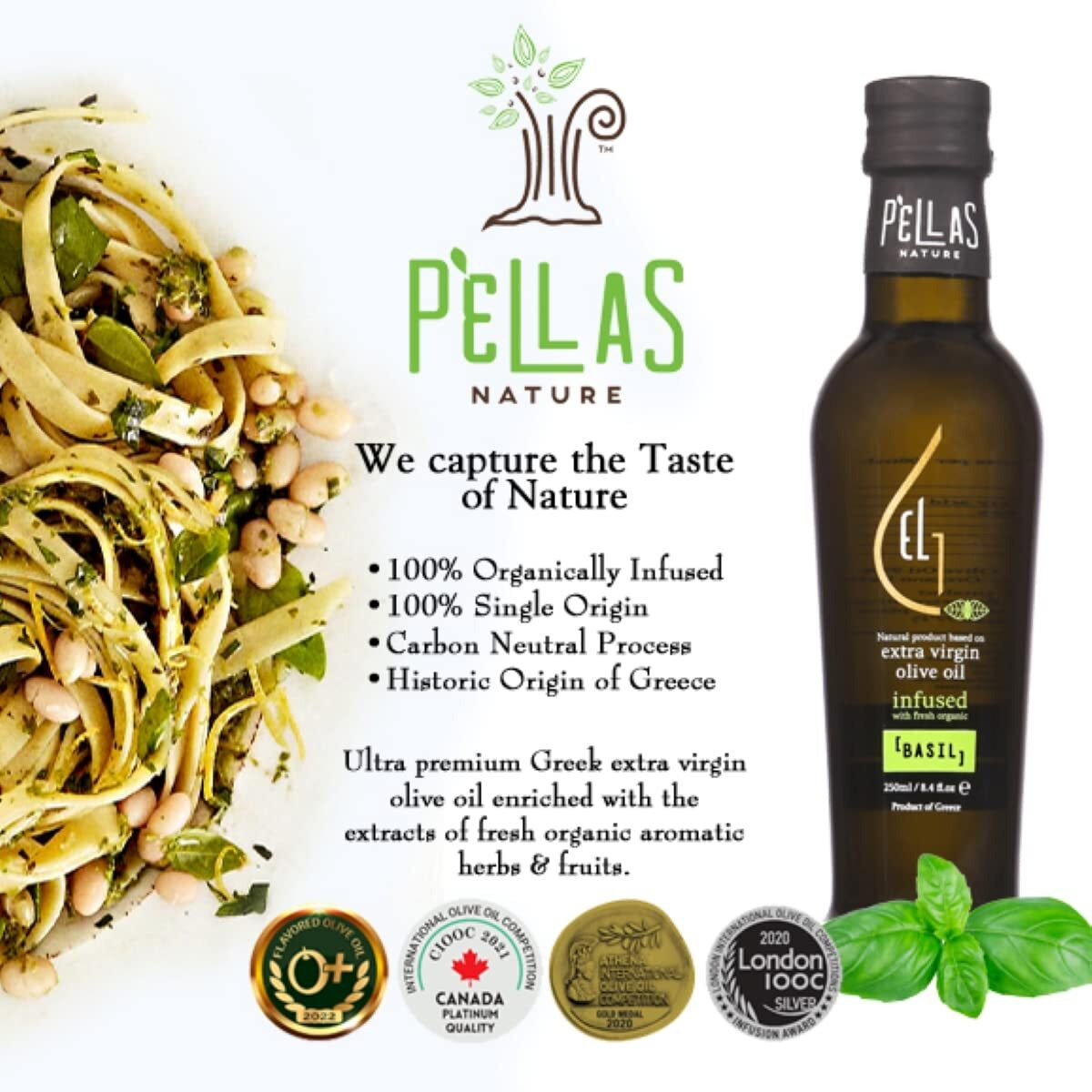 Pellas Nature, Organic Basil Infused Greek Extra Virgin Olive Oil, Finishing Olive Oil, Gold Award Winner, Kosher, 8.5 Oz. (250 Ml) Glass Bottle