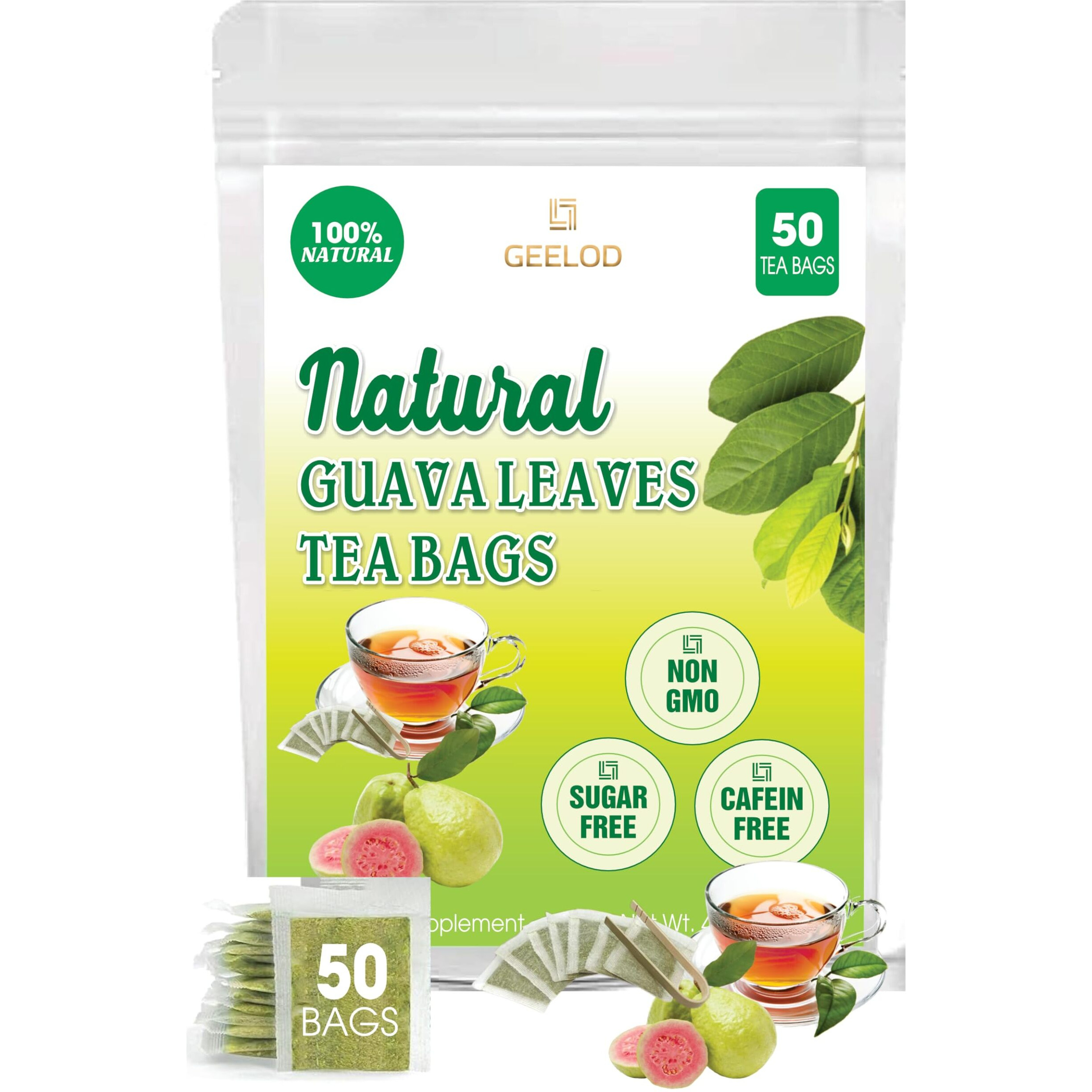 50 Premium Guava Leaf Tea Bags, 100% Natural And Pure From Guava Leaves. Loose Leaf Guava Herbal Tea. Guava Leaf Tea. No Sugar, No Caffeine, No Gluten, Vegan.