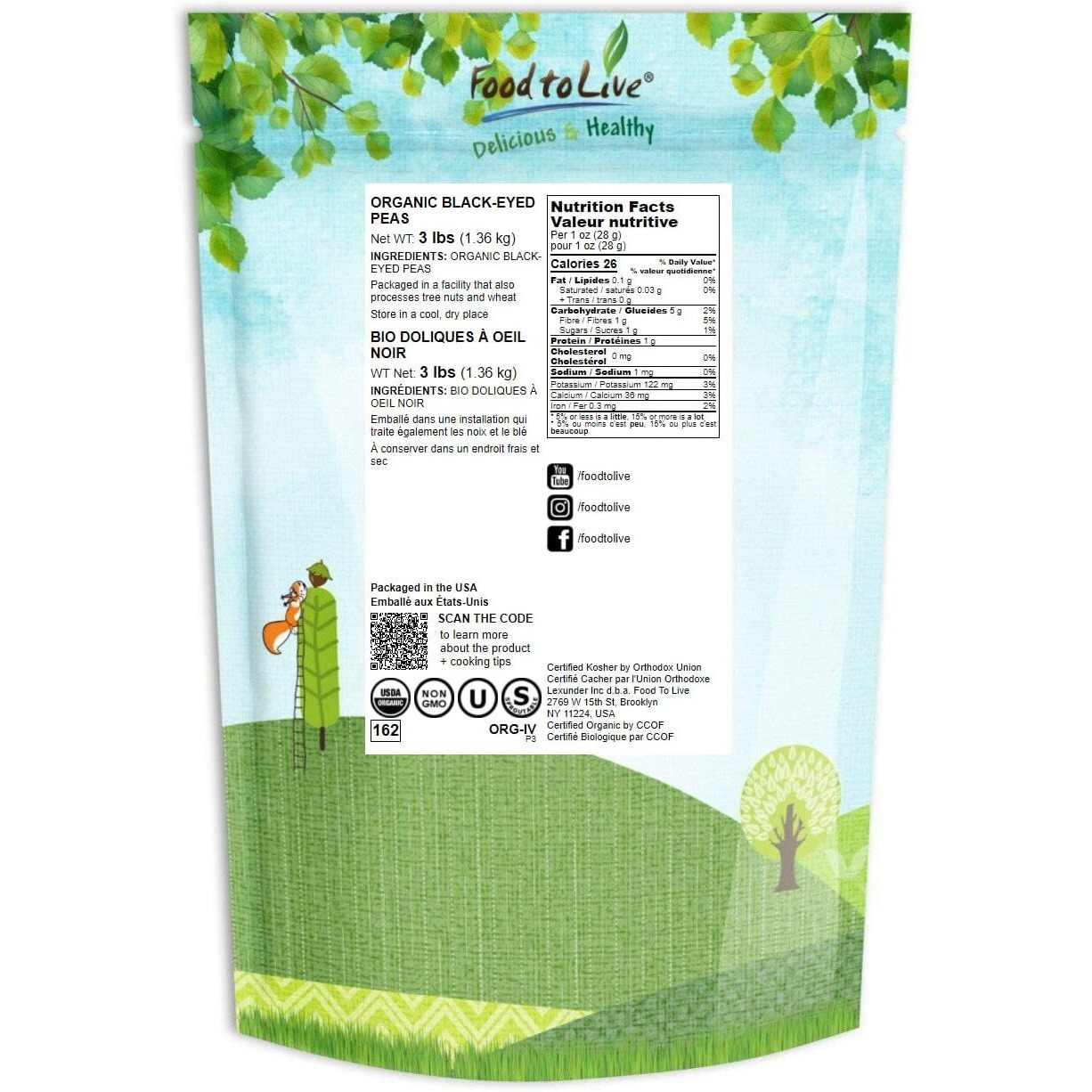 Food To Live Organic Black-Eyed Peas, 3 Pounds Raw Dried Cow Peas, Non-Gmo, Kosher, Bulk Beans, Product Of The Usa