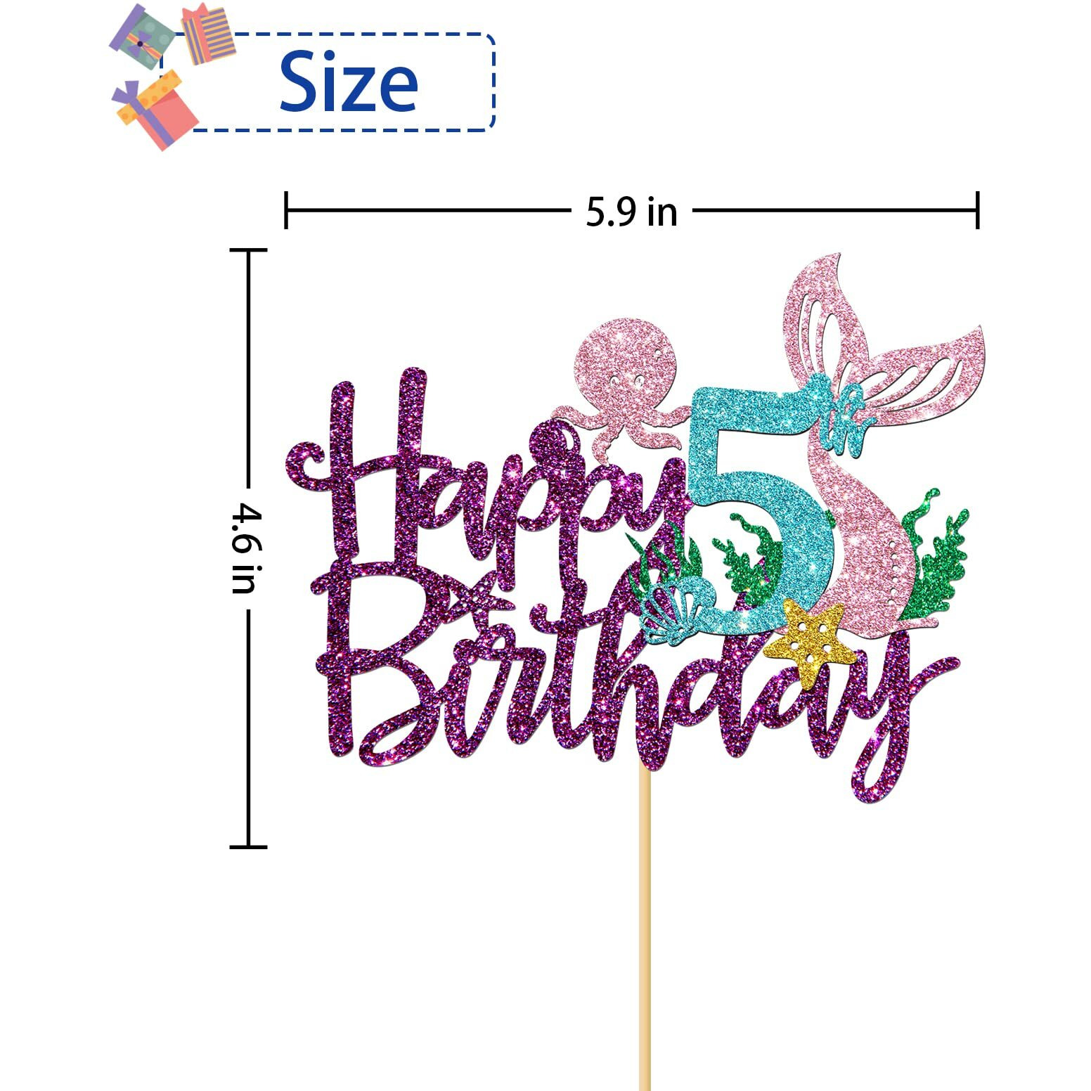 Roadsea Mermaid Happy 5Th Brithday Cake Topper - Under The Sea Theme Girl Kid Five Birthday Cake Supplies/Ocean World 5Th Mermaid Birthday Party Decoration - Purple Glitter (5Th)