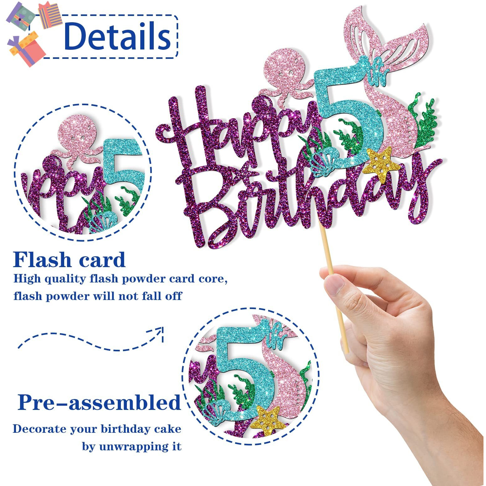 Roadsea Mermaid Happy 5Th Brithday Cake Topper - Under The Sea Theme Girl Kid Five Birthday Cake Supplies/Ocean World 5Th Mermaid Birthday Party Decoration - Purple Glitter (5Th)