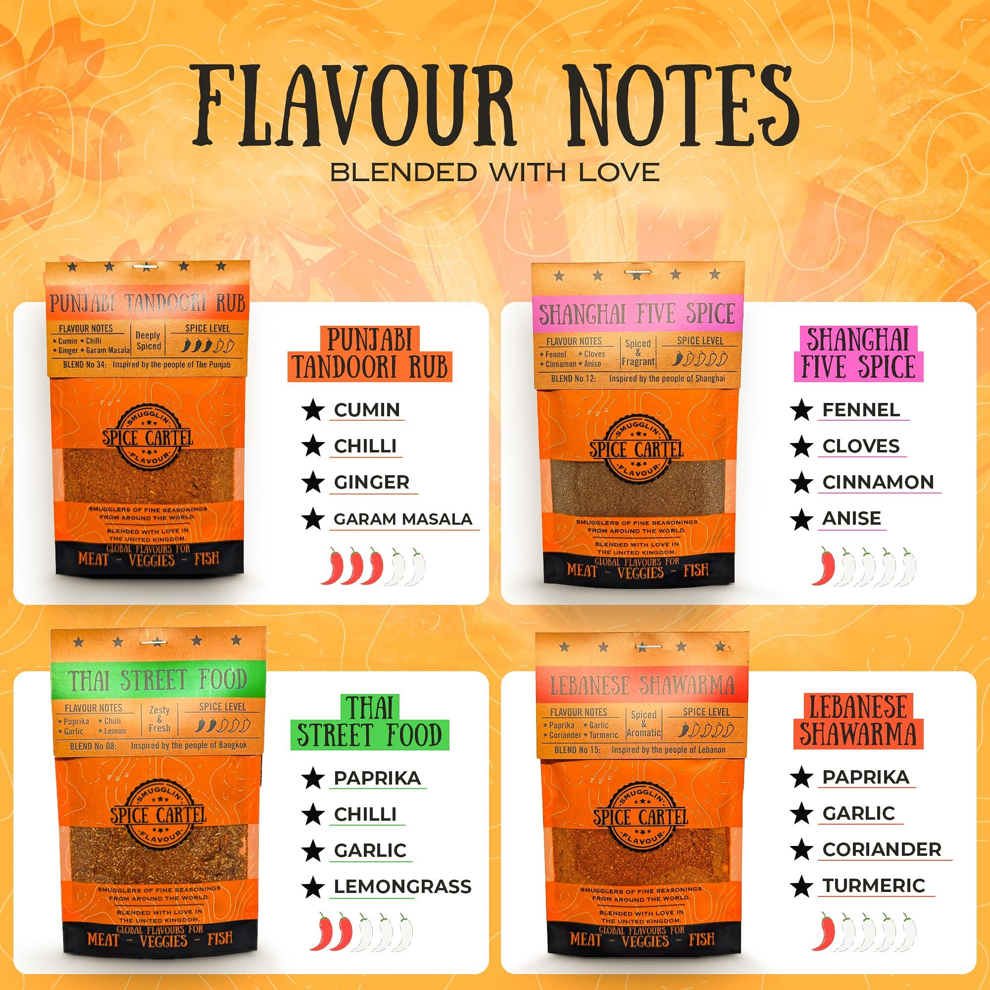 Spice Cartel's Asian Street Food Collection Of Artisanal Herb & Spice Blends From Across Asia. Hand Made Grilling Gifts For Dad From The Uk. 4 * 35G Resealable Pouches.