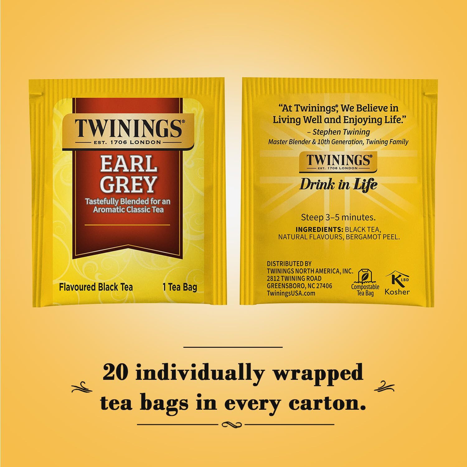 Twinings Earl Grey Tea 2-Pack - A Bright And Zesty Black Tea Infused With Citrus Bergamot Flavours, Caffeinated Tea Bags, Individually Wrapped, 20 Count Each