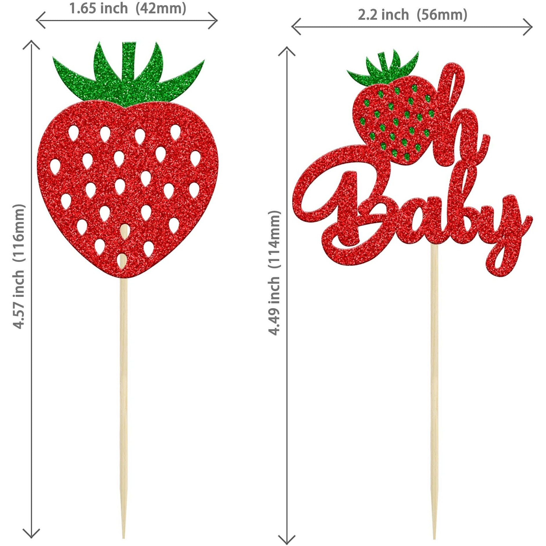 24Pcs Strawberry Oh Baby Cupcake Toppers Glitter Fruit Theme Babyshower Strawberry Cupcake Picks For Gender Reveal Baby Shower Kids Boys Girls Birthday Party Cake Decorations Supplies