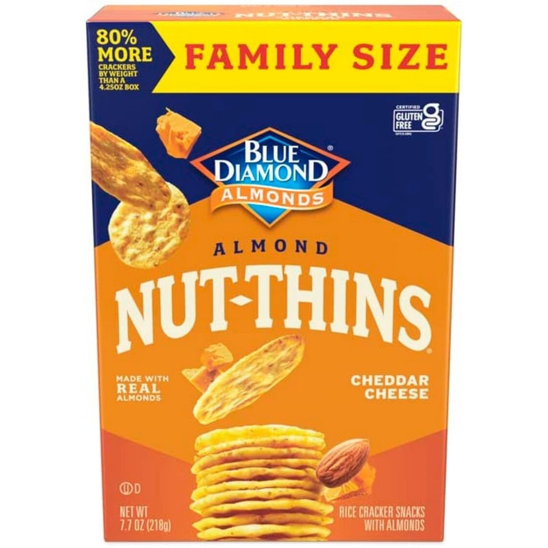 Blue Diamond Almonds Nut-Thins Gluten Free Cracker Crisps, Cheddar Cheese, Family Size, 7.7 Oz (Pack Of 6)