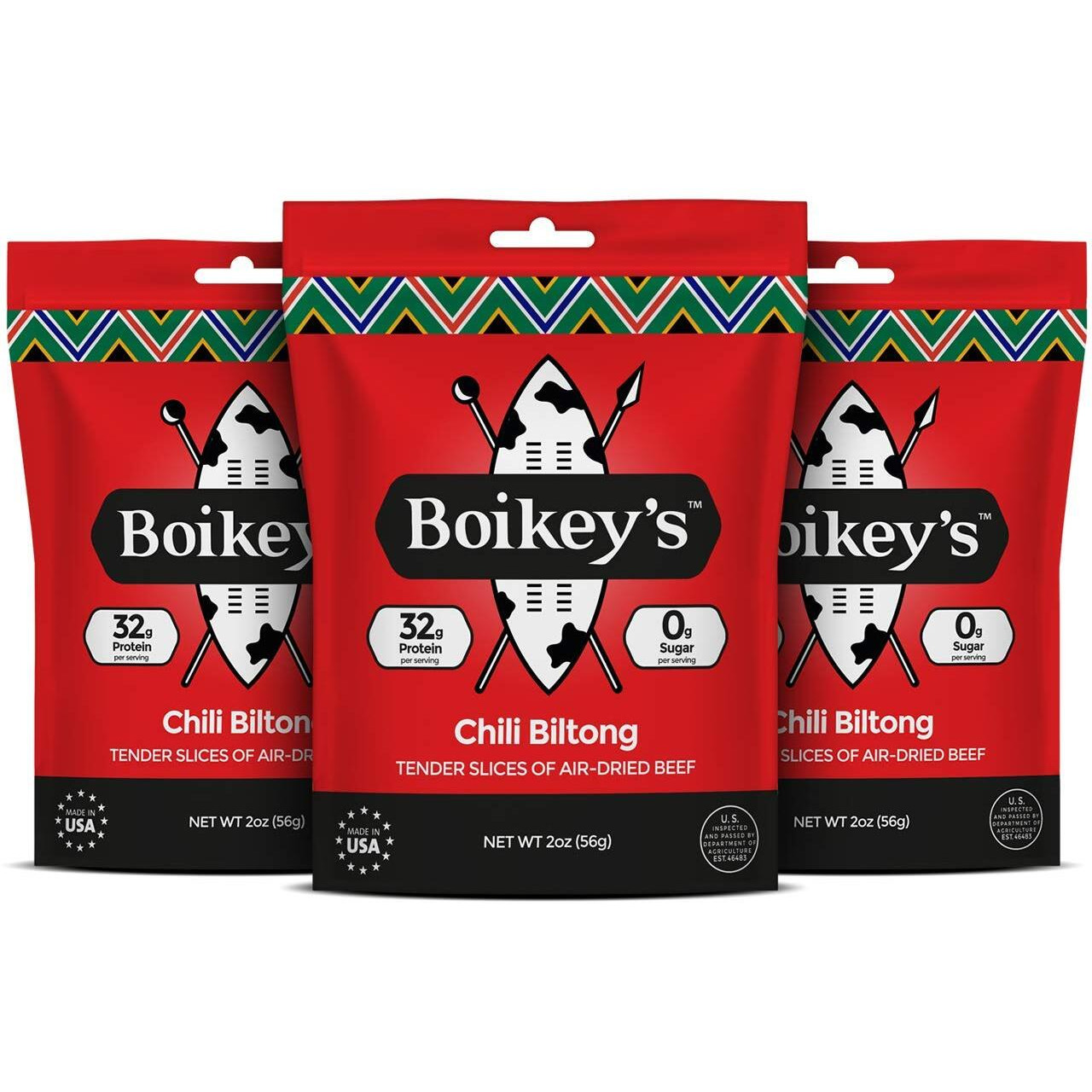 Boikeys Biltong | South African Style Beef Jerky. Gluten Free. No Sugar. Keto Friendly. (Chili, 3 Pack - 2 Ounce Pouches)