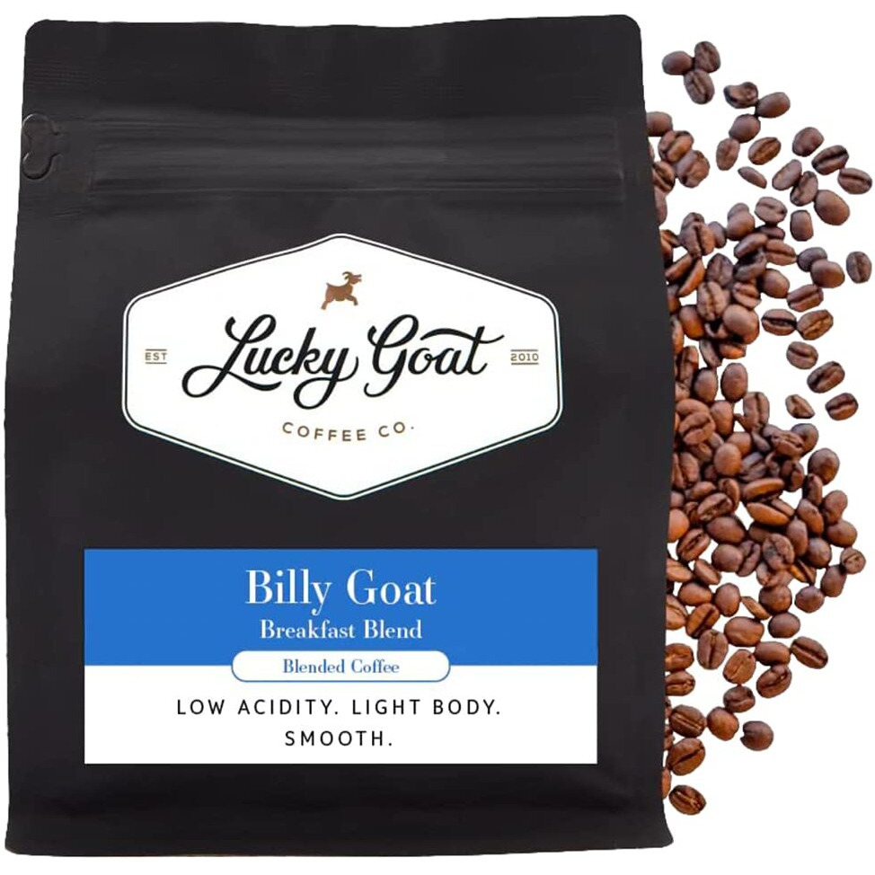 Lucky Goat Breakfast Blend Whole Bean Coffee - Billy Goat - Light Body, Low Acidity, Morning Cup, Smooth And Mild - Medium Roast, 12 Ounce Bag