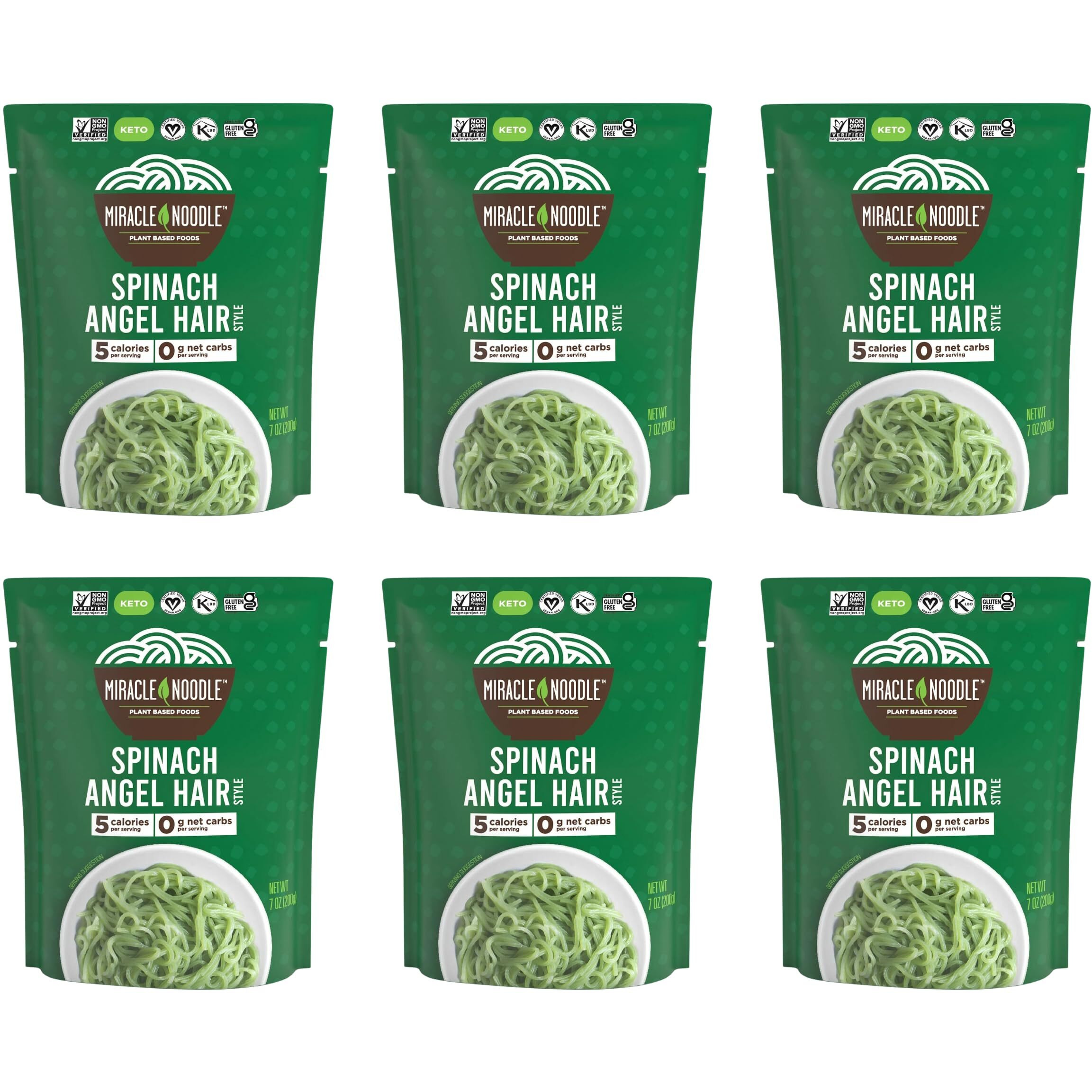 Miracle Noodle Spinach Angel Hair Pasta - Ready-To-Eat Plant Based Shirataki Noodles, Keto, Vegan, Gluten-Free, Paleo, Konjac Noodles, Low Calorie & Carb Pasta, Soy Free, Non-Gmo - 7 Oz, 6-Pack