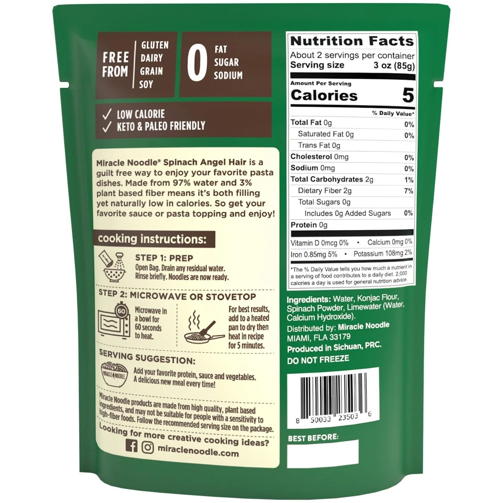 Miracle Noodle Spinach Angel Hair Pasta - Ready-To-Eat Plant Based Shirataki Noodles, Keto, Vegan, Gluten-Free, Paleo, Konjac Noodles, Low Calorie & Carb Pasta, Soy Free, Non-Gmo - 7 Oz, 6-Pack