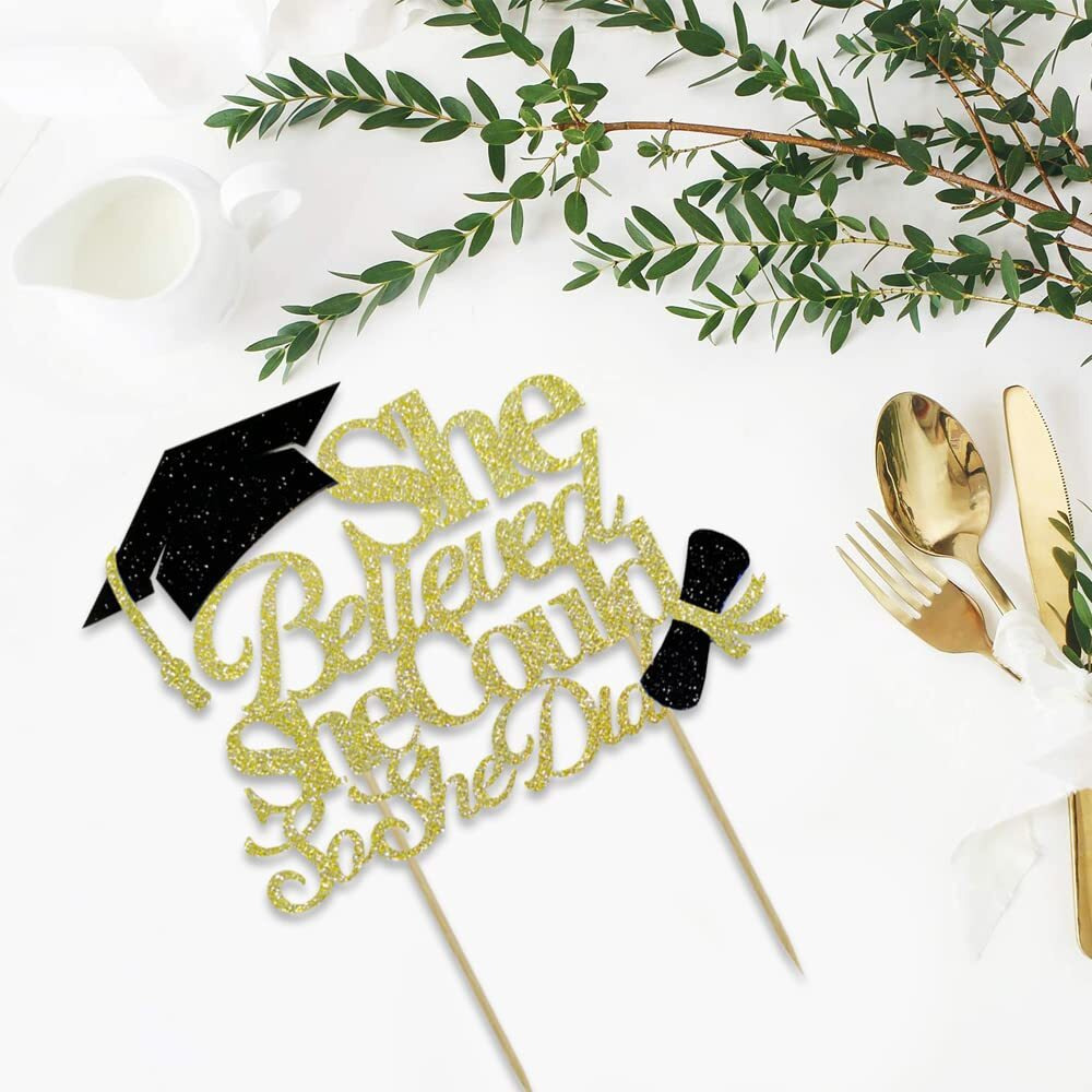 She Believed She Could So She Did Cake Topper For Graduation Decorations, 2024 Graduation Cake Topper, Congrats Grad 2024 Graduation Party Supplies (Gold)