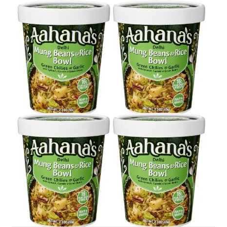 Aahana's Delhi Mung Beans & Rice Bowl -Vegan Food, Gluten Free Meals, Kosher, Non-Gmo, Plant-Based, Premade Meals Ready To Eat Indian Food & Vegetarian Food | Just Add Water, No Refrigeration (4 Pack)