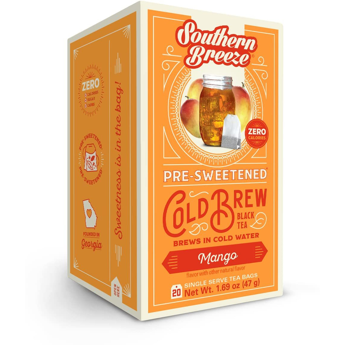 Southern Breeze Cold Brew Sweet Tea Mango Iced Tea With Black Tea And Zero Carbs Zero Sugar, 20 Individually Wrapped Tea Bags Southern Sweet Tea Iced Tea Beverage