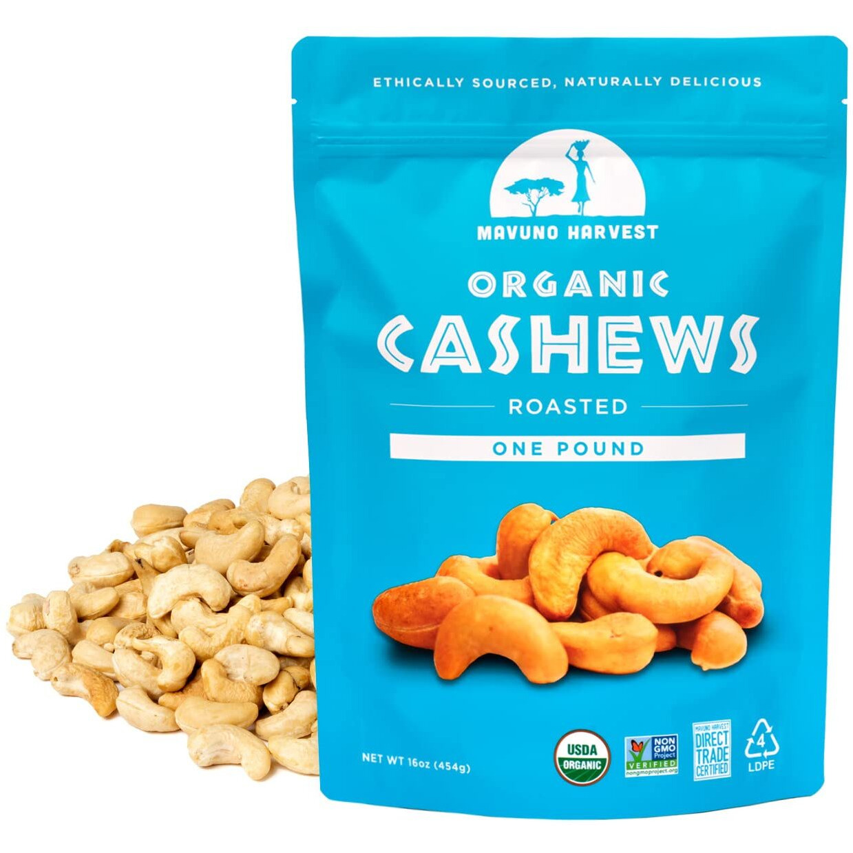 Mavuno Harvest Organic Direct Trade Premium Whole Cashews, Dry Roasted Cashews, 1 Pound