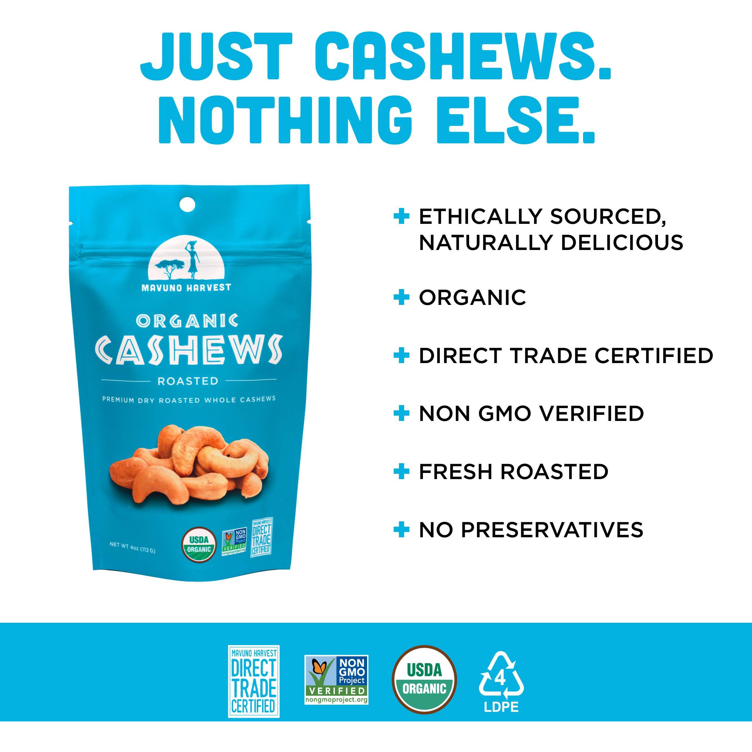 Mavuno Harvest Organic Direct Trade Premium Whole Cashews, Dry Roasted Cashews, 1 Pound
