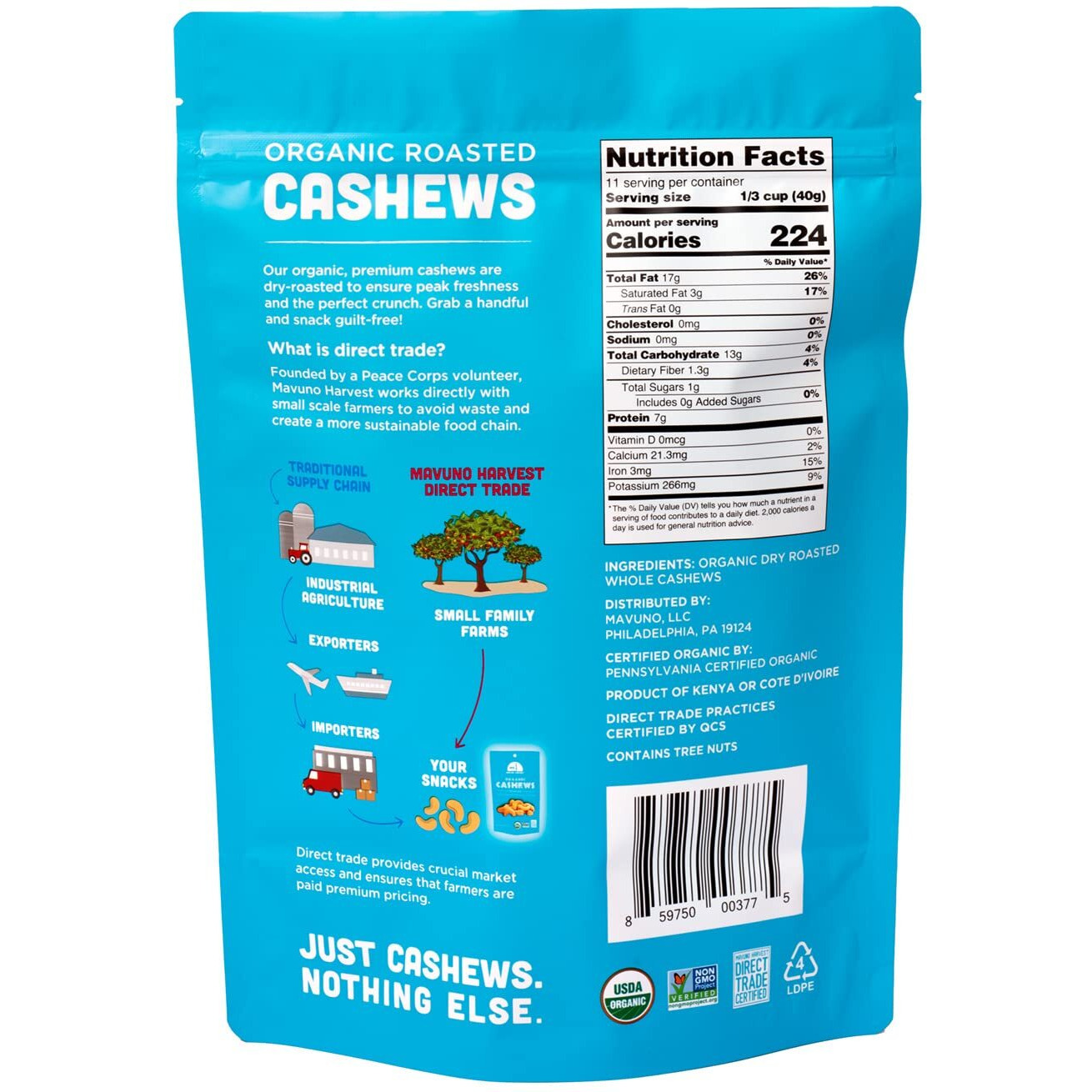 Mavuno Harvest Organic Direct Trade Premium Whole Cashews, Dry Roasted Cashews, 1 Pound