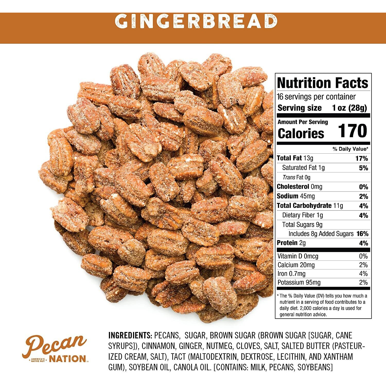 Pecan Nation Gingerbread Holiday Roasted Pecan Halves 16 Oz., Natural, No Preservatives, Antioxidant-Rich, Non-Gmo, Healthy Snacking Pecans For Adults And Kids