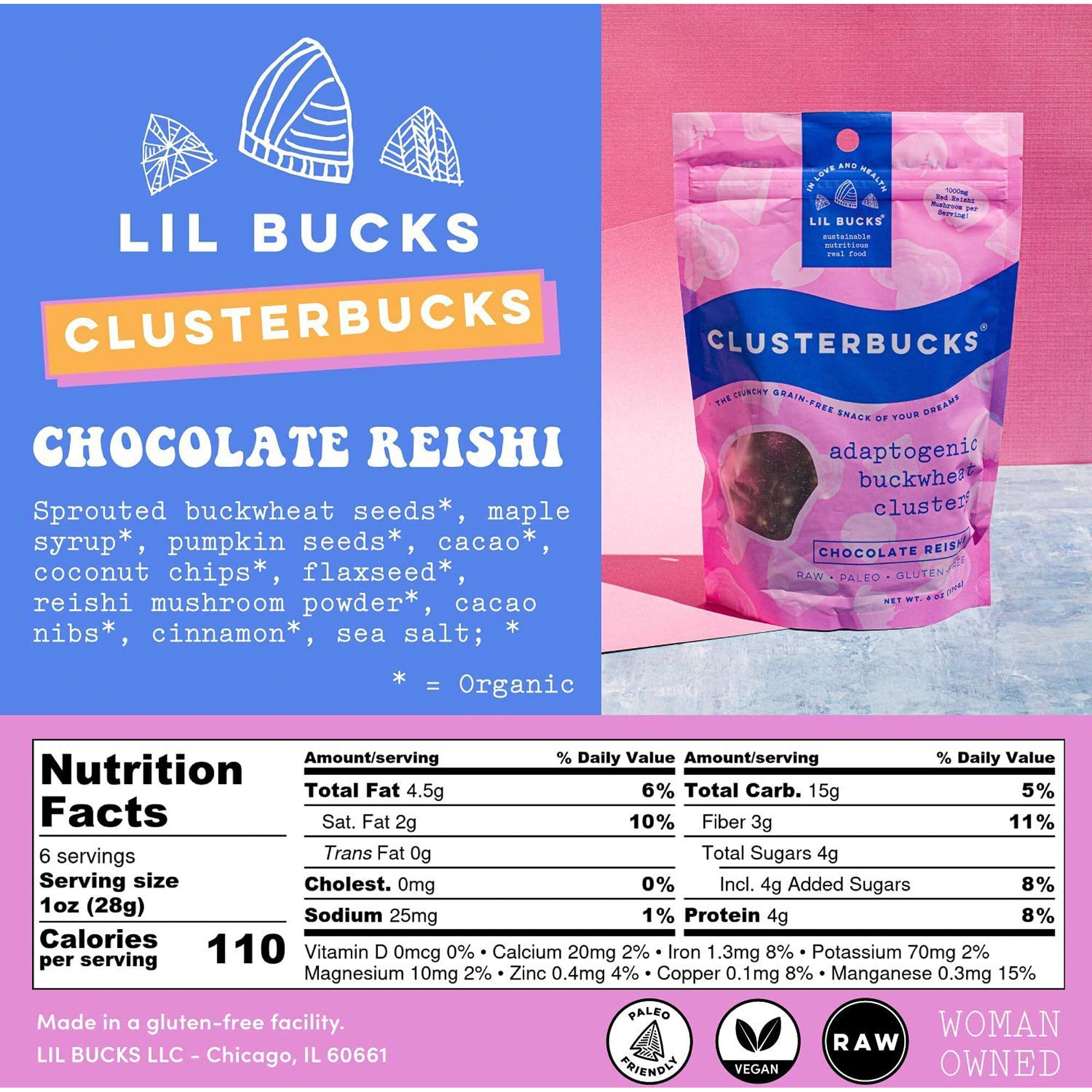 Lil Bucks Clusterbucks Gut Friendly Clusters Made With Regenerative Organic Sprouted Buckwheat, Gluten Free Snack (Chocolate Sea Salt, 3 Pack)