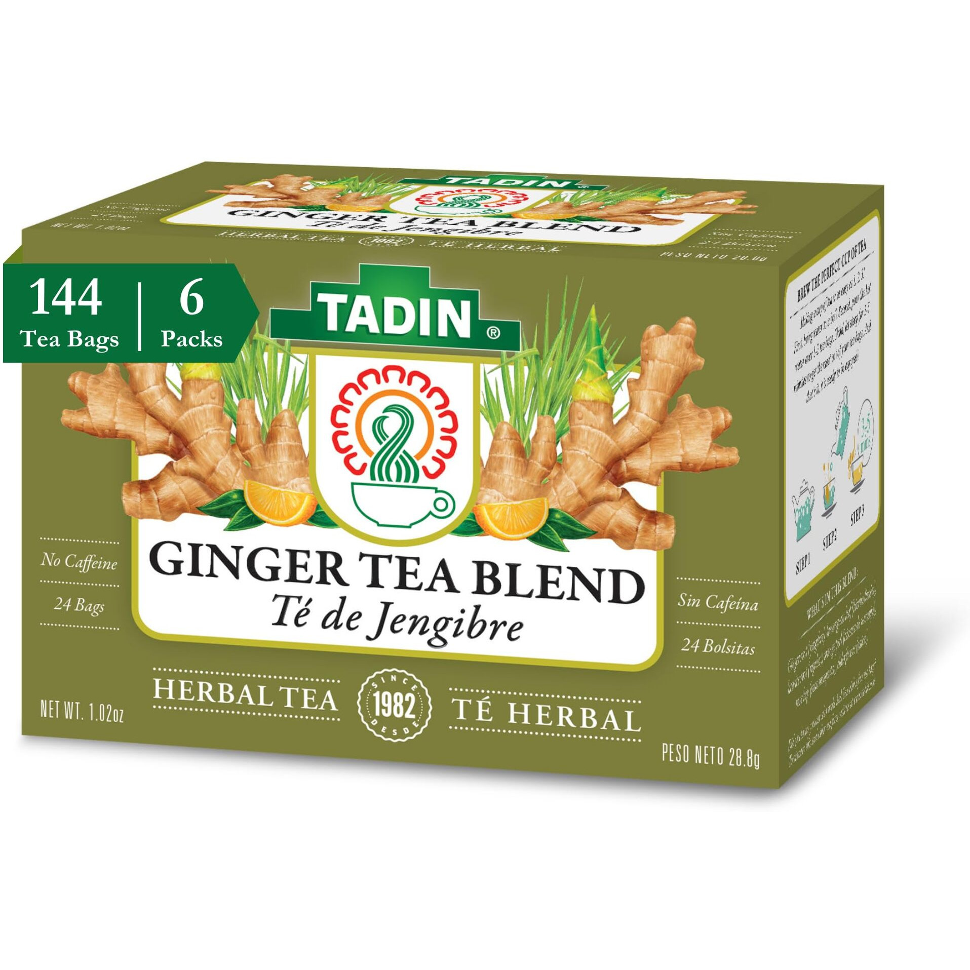 Tadin Ginger Tea Blend, Herbal Tea, Caffeine Free Tea, Fall Tea, Decaf Tea, Tea Packets For Hot Tea, 24 Tea Bags Per Box, Pack Of 6