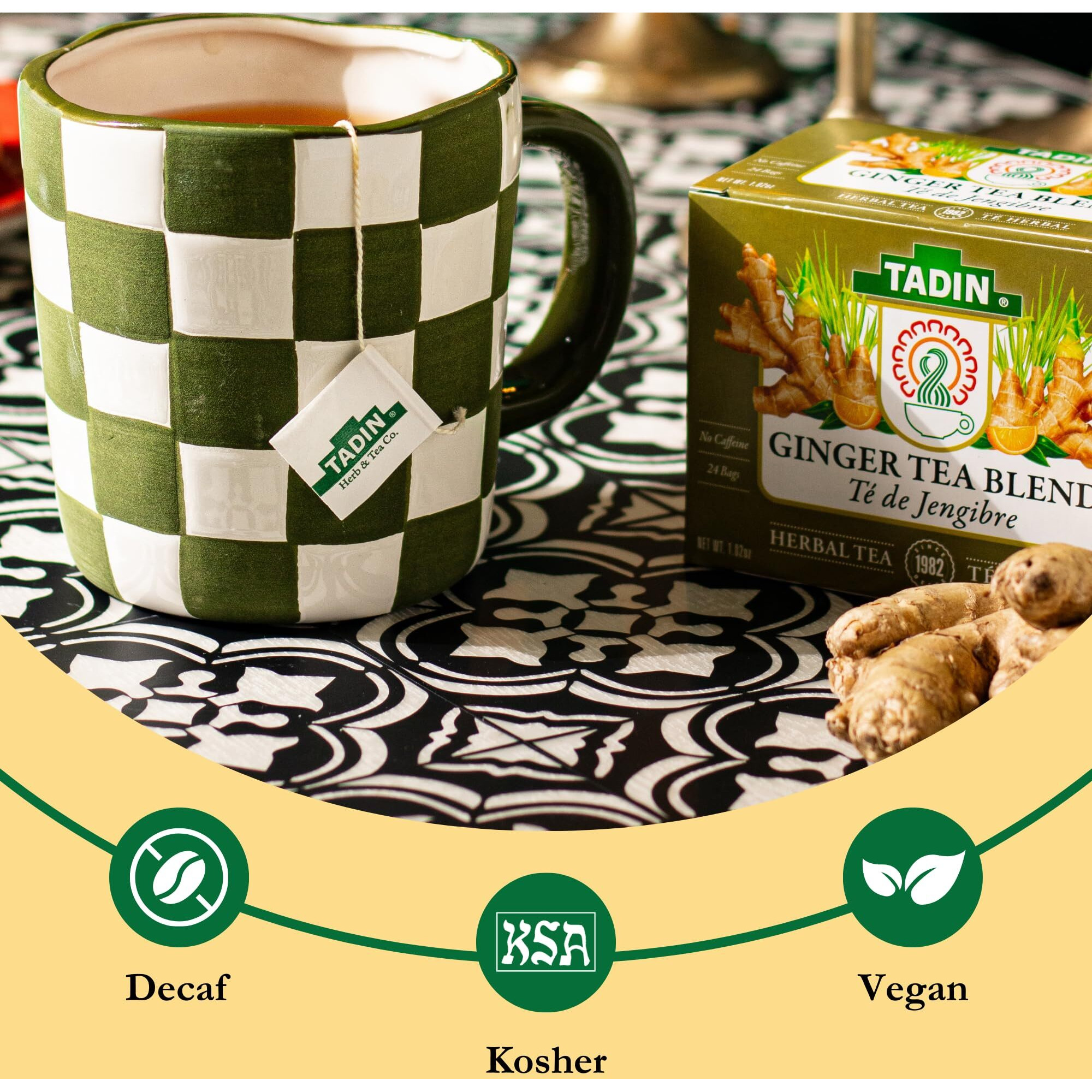Tadin Ginger Tea Blend, Herbal Tea, Caffeine Free Tea, Fall Tea, Decaf Tea, Tea Packets For Hot Tea, 24 Tea Bags Per Box, Pack Of 6