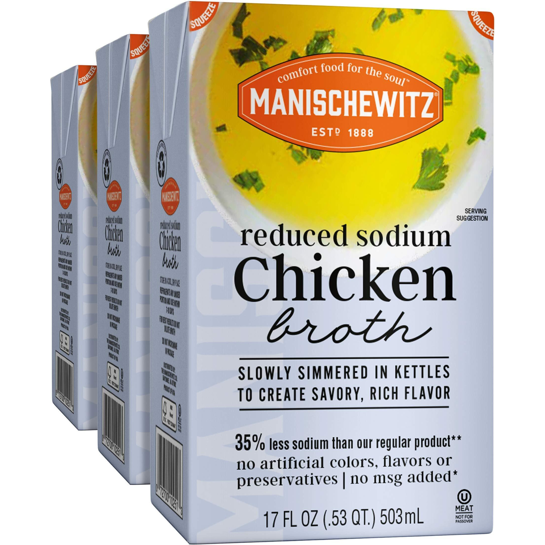Manischewitz Reduced Sodium Chicken Broth 17Oz (3 Pack), Flavorful, Kettle Cooked, Slowly Simmered