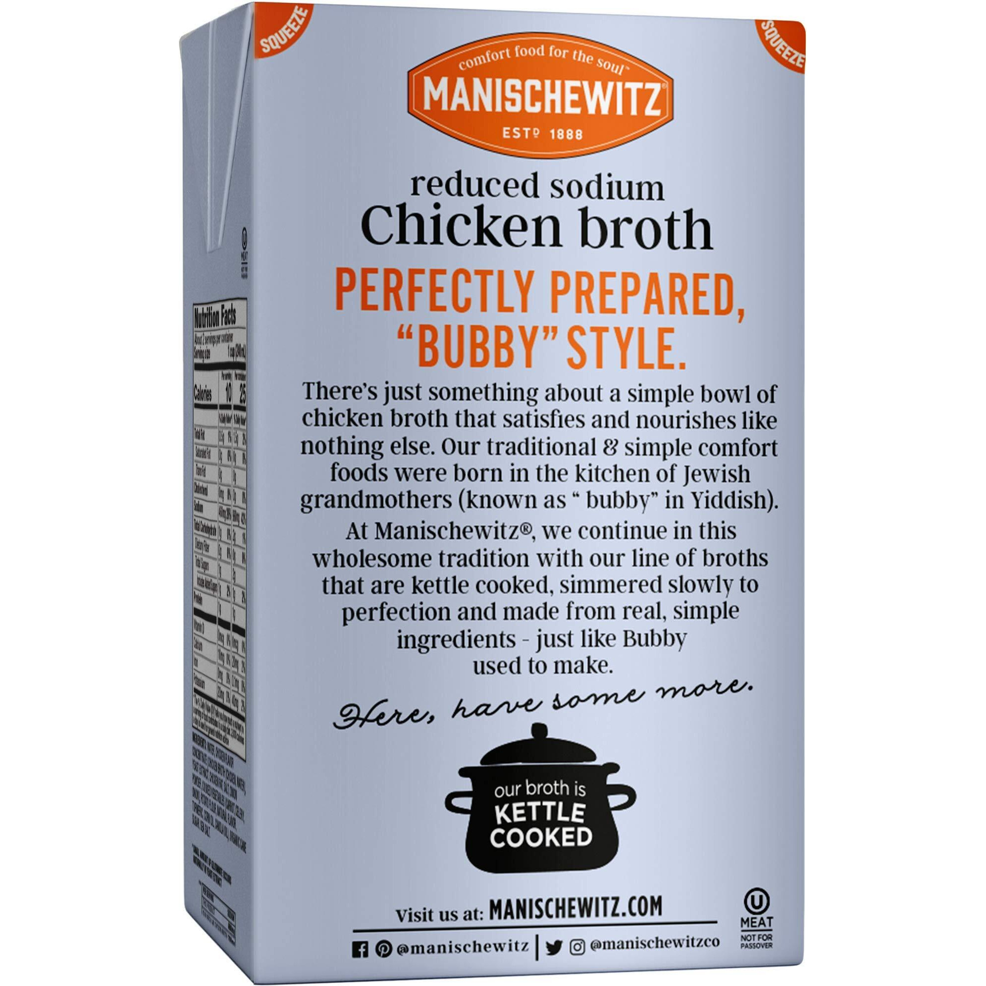 Manischewitz Reduced Sodium Chicken Broth 17Oz (3 Pack), Flavorful, Kettle Cooked, Slowly Simmered