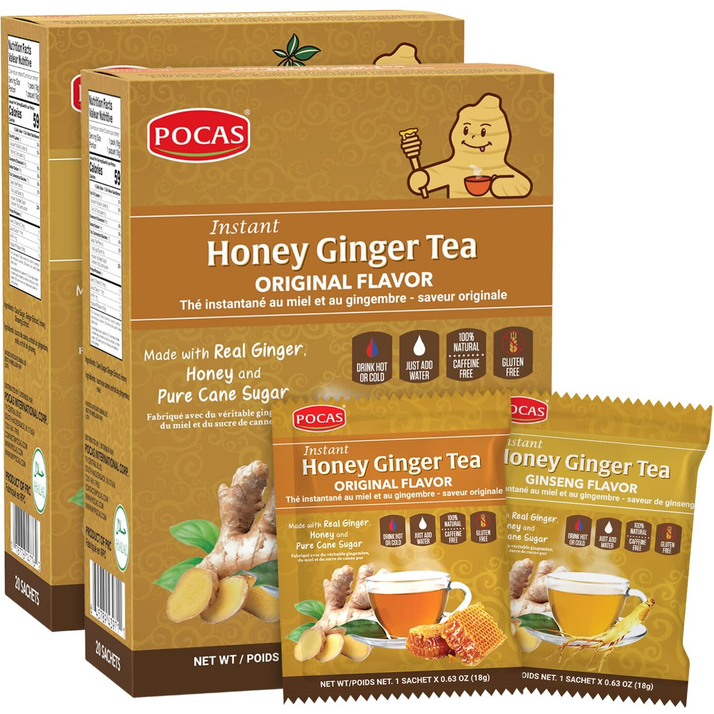 Pocas Honey Ginger Tea Variety Set - Instant Tea Powder Packets, Ginger Honey Crystals Tea, Original & Ginseng Flavors, Non-Gmo/Gluten Free/Caffeine Free Tea, 20 Count (Pack Of 2)