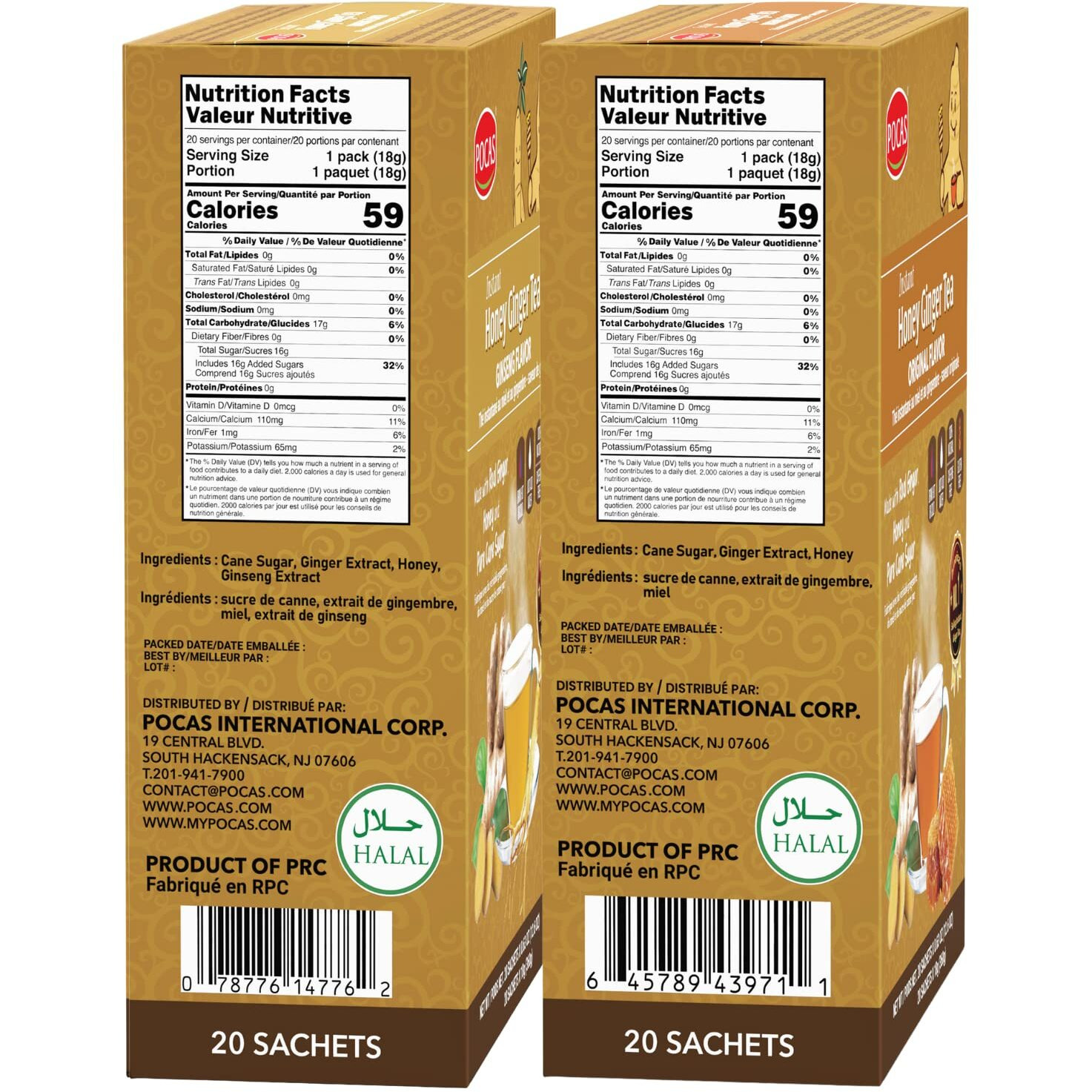 Pocas Honey Ginger Tea Variety Set - Instant Tea Powder Packets, Ginger Honey Crystals Tea, Original & Ginseng Flavors, Non-Gmo/Gluten Free/Caffeine Free Tea, 20 Count (Pack Of 2)