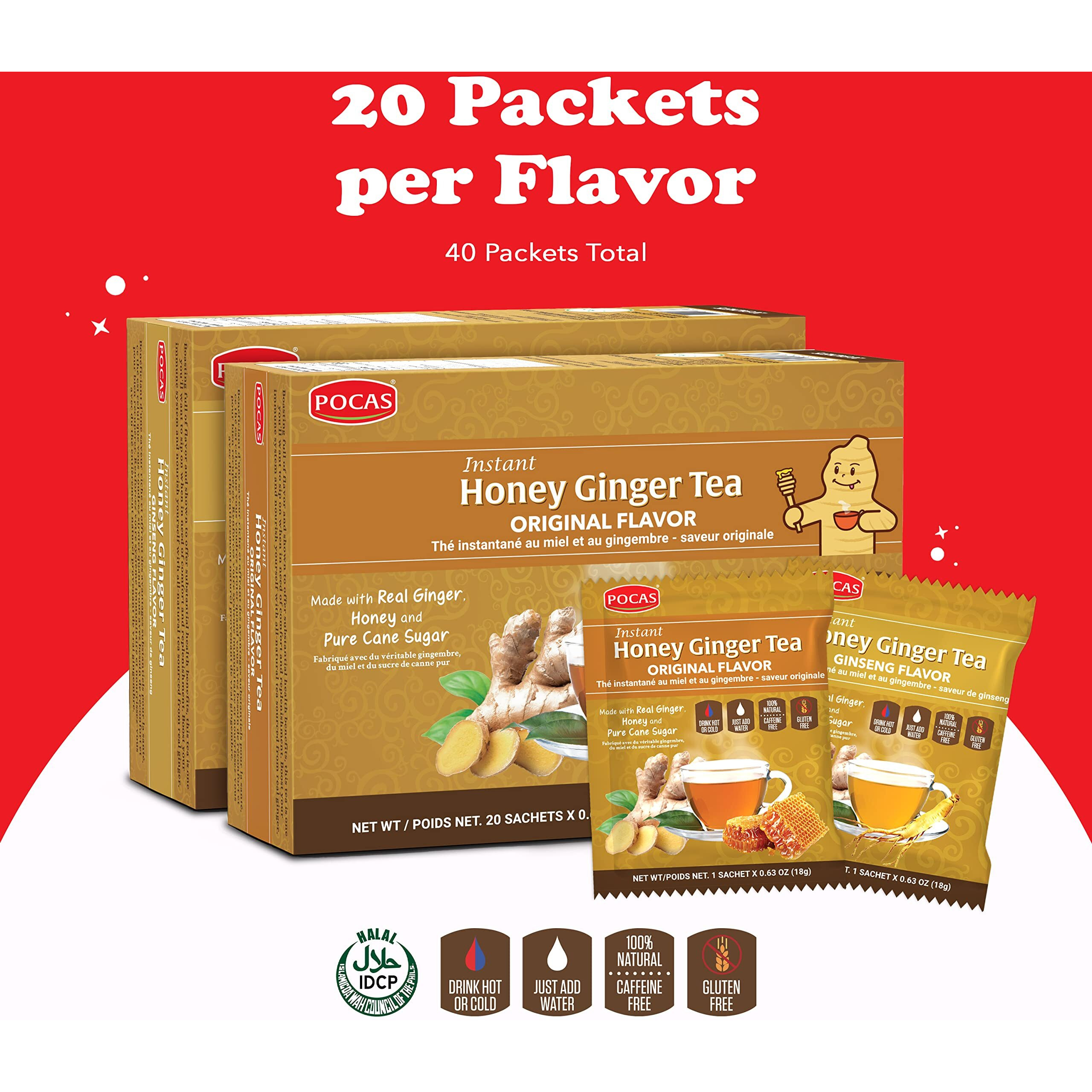 Pocas Honey Ginger Tea Variety Set - Instant Tea Powder Packets, Ginger Honey Crystals Tea, Original & Ginseng Flavors, Non-Gmo/Gluten Free/Caffeine Free Tea, 20 Count (Pack Of 2)