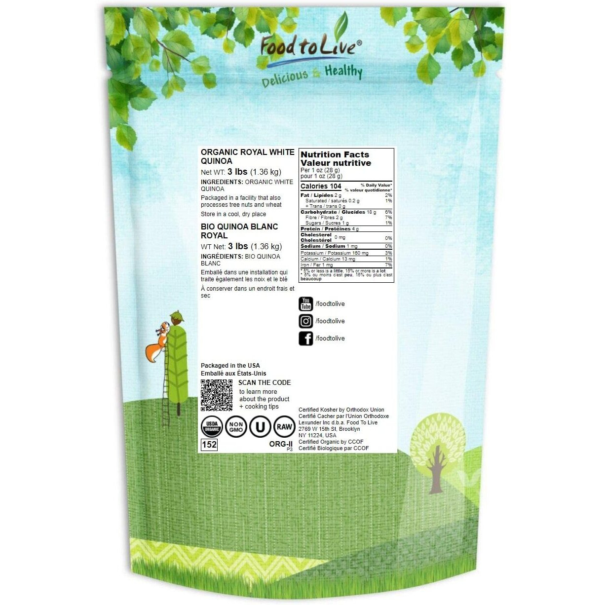 Food To Live - Organic Royal White Quinoa, 3 Pounds Whole Grain, Non-Gmo, Kosher, Raw, Vegan, Sirtfood, Bulk