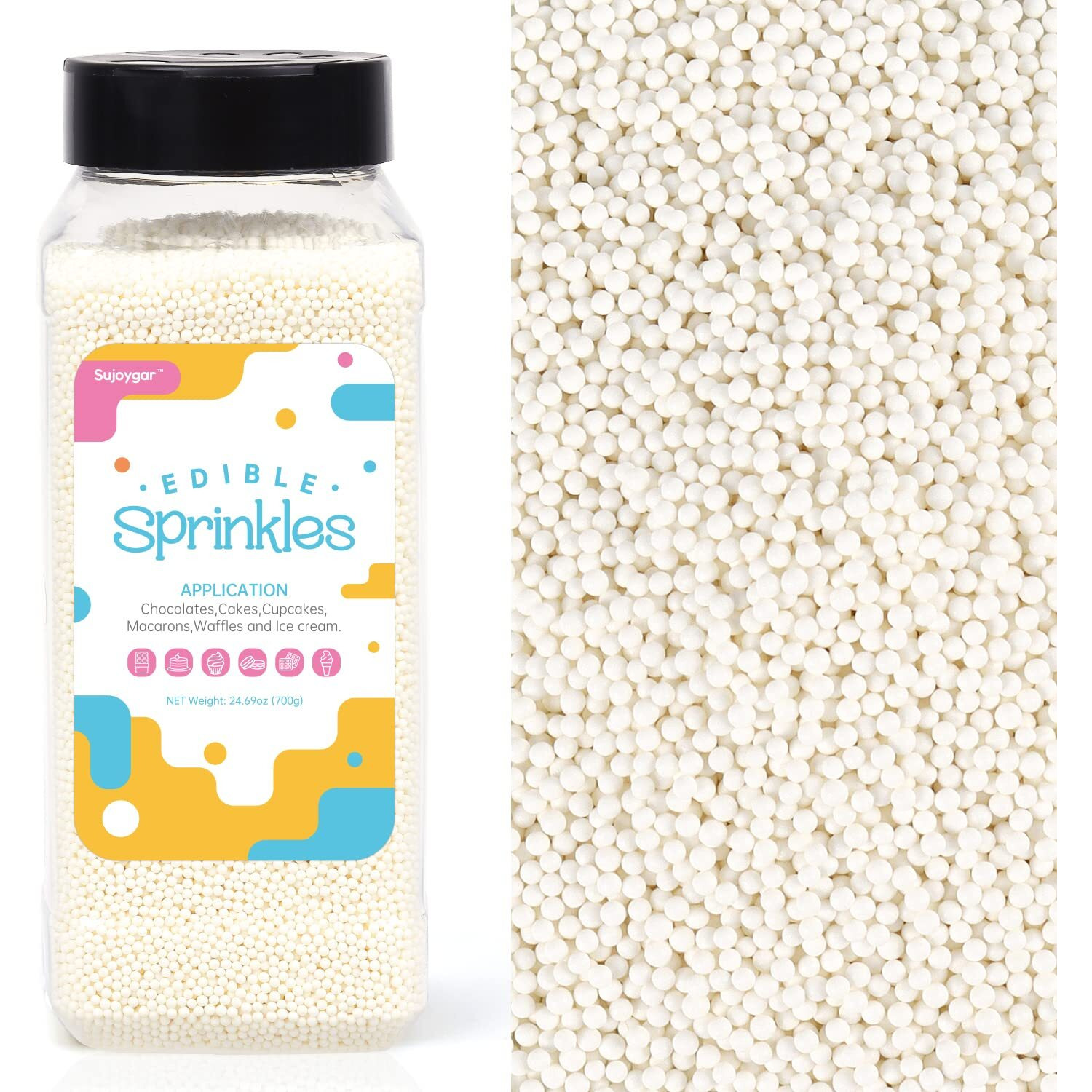 White Nonpareils Sprinkles, Food Grade 1.54 Lb Bulk, Sujoygar, White Sprinkles For Cake Decorating, Cupcake, Ice Cream, Chocolate