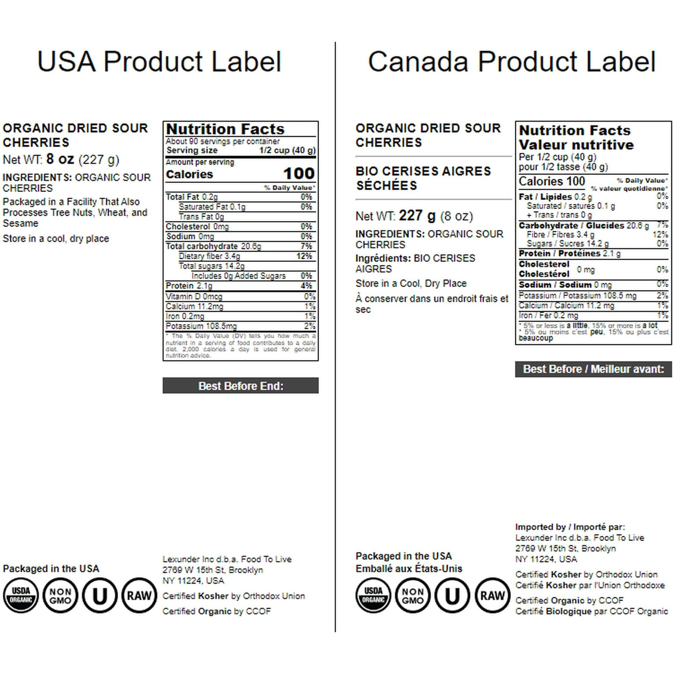 Food To Live Organic Dried Sour Cherries, 8 Ounces - Pitted Cherry Fruit, Non-Gmo, Raw, Sun-Dried, Unsweetened, Unsulfured, No Oil Added, Vegan, Kosher, Bulk. Prunus Cerasus.