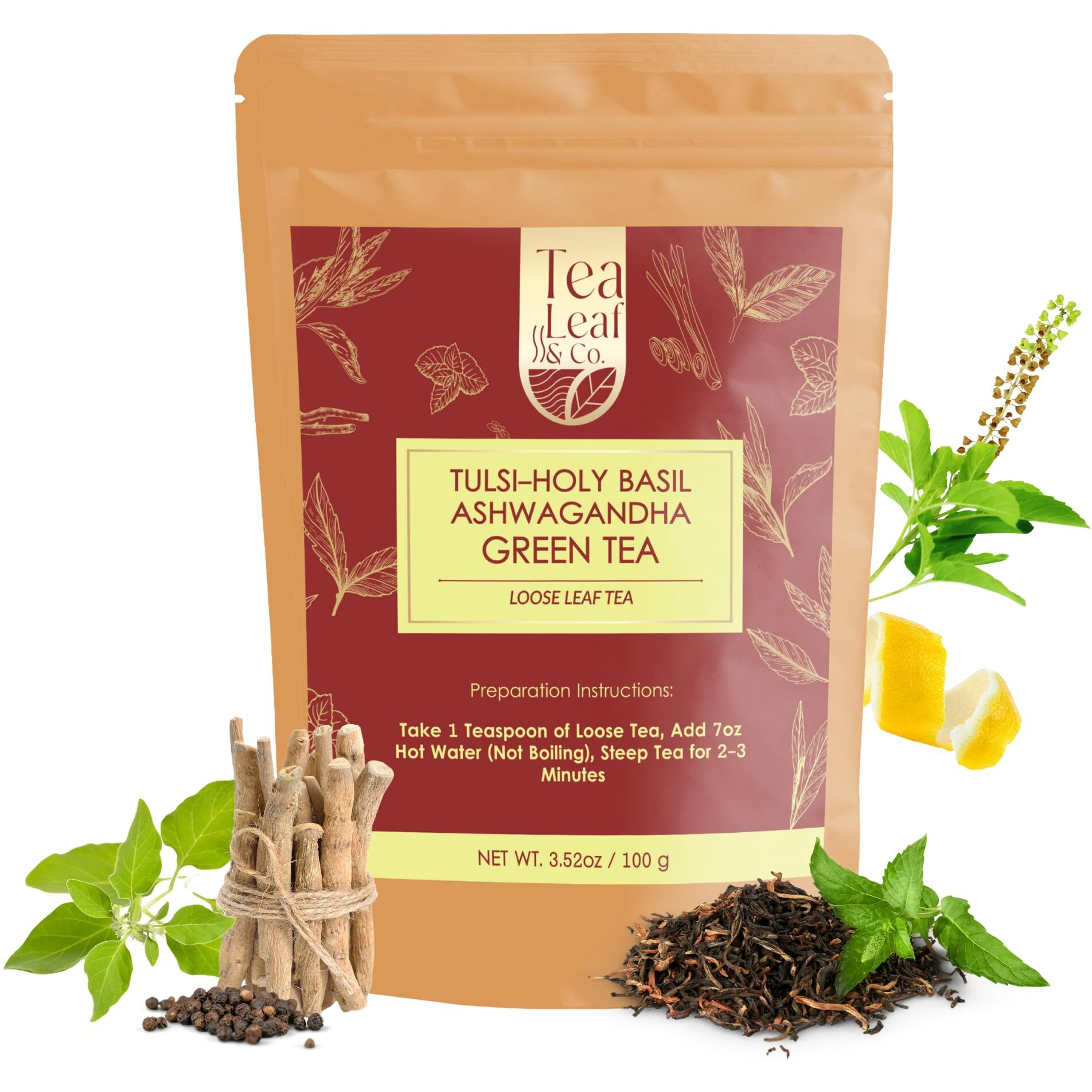 Tea Leaf & Co. Tulsi Ashwagandha Loose Leaf Green Tea Pack (3.52Oz/100Gm), Lemon Peel & Black Pepper, 50 Cups, Blended With Fresh Herbs And Spices, Low Caffeine Gluten Free