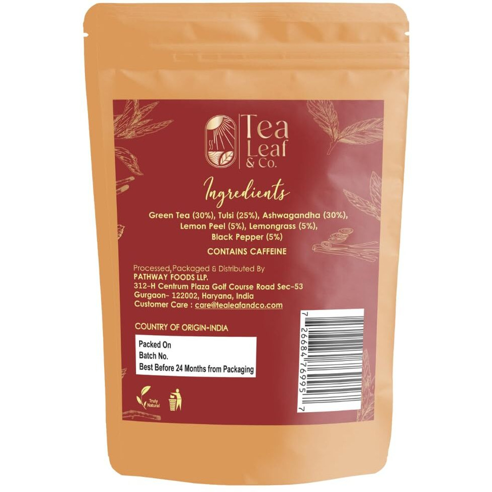 Tea Leaf & Co. Tulsi Ashwagandha Loose Leaf Green Tea Pack (3.52Oz/100Gm), Lemon Peel & Black Pepper, 50 Cups, Blended With Fresh Herbs And Spices, Low Caffeine Gluten Free