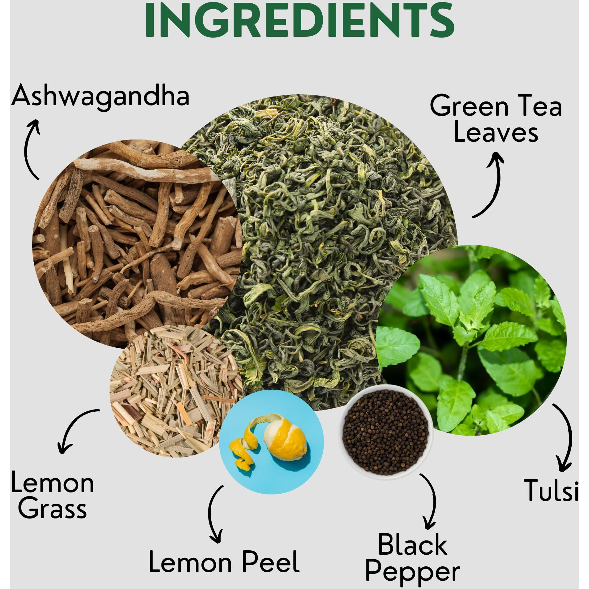 Tea Leaf & Co. Tulsi Ashwagandha Loose Leaf Green Tea Pack (3.52Oz/100Gm), Lemon Peel & Black Pepper, 50 Cups, Blended With Fresh Herbs And Spices, Low Caffeine Gluten Free