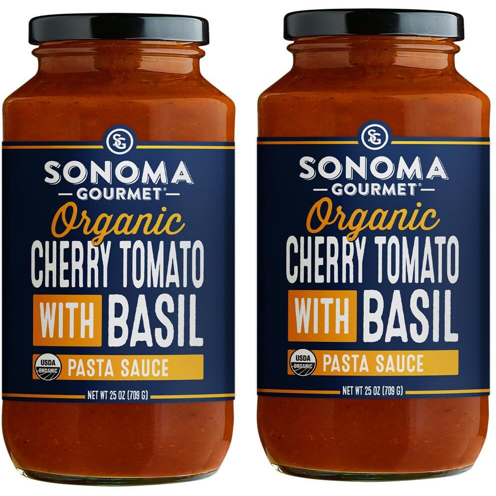 Sonoma Gourmet Cherry Tomato With Basil Pasta Sauce | Usda Organic, Non-Gmo, Gluten-Free And No Sugar Added | Made With Fresh Ingredients | 25 Ounce Jars (Pack Of 2)