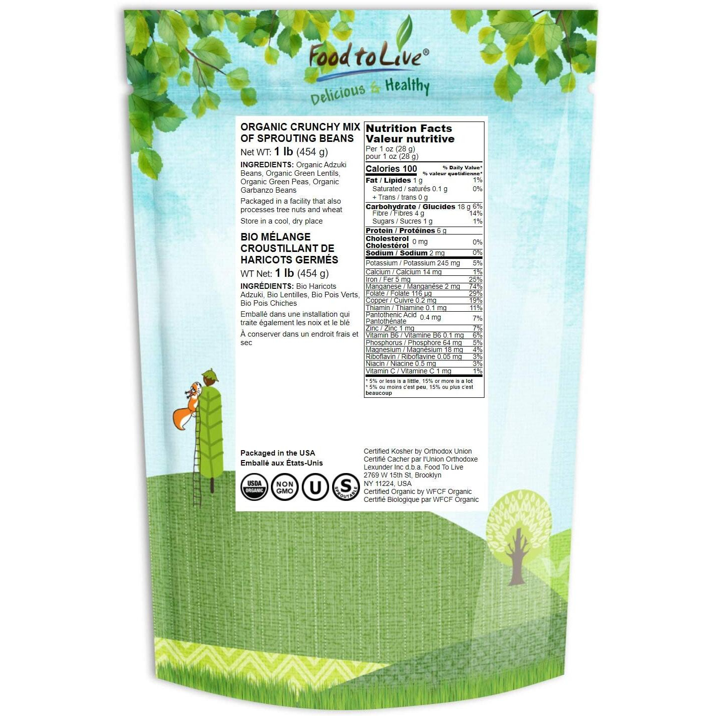 Food To Live Organic Crunchy Mix Of Sprouting Beans, 1 Pound - Non-Gmo, Kosher, Non-Irradiated, Vegan, Raw, Dried, Bulk - Organic Green Peas, Organic Adzuki, Organic Lentil, Organic Garbanzo