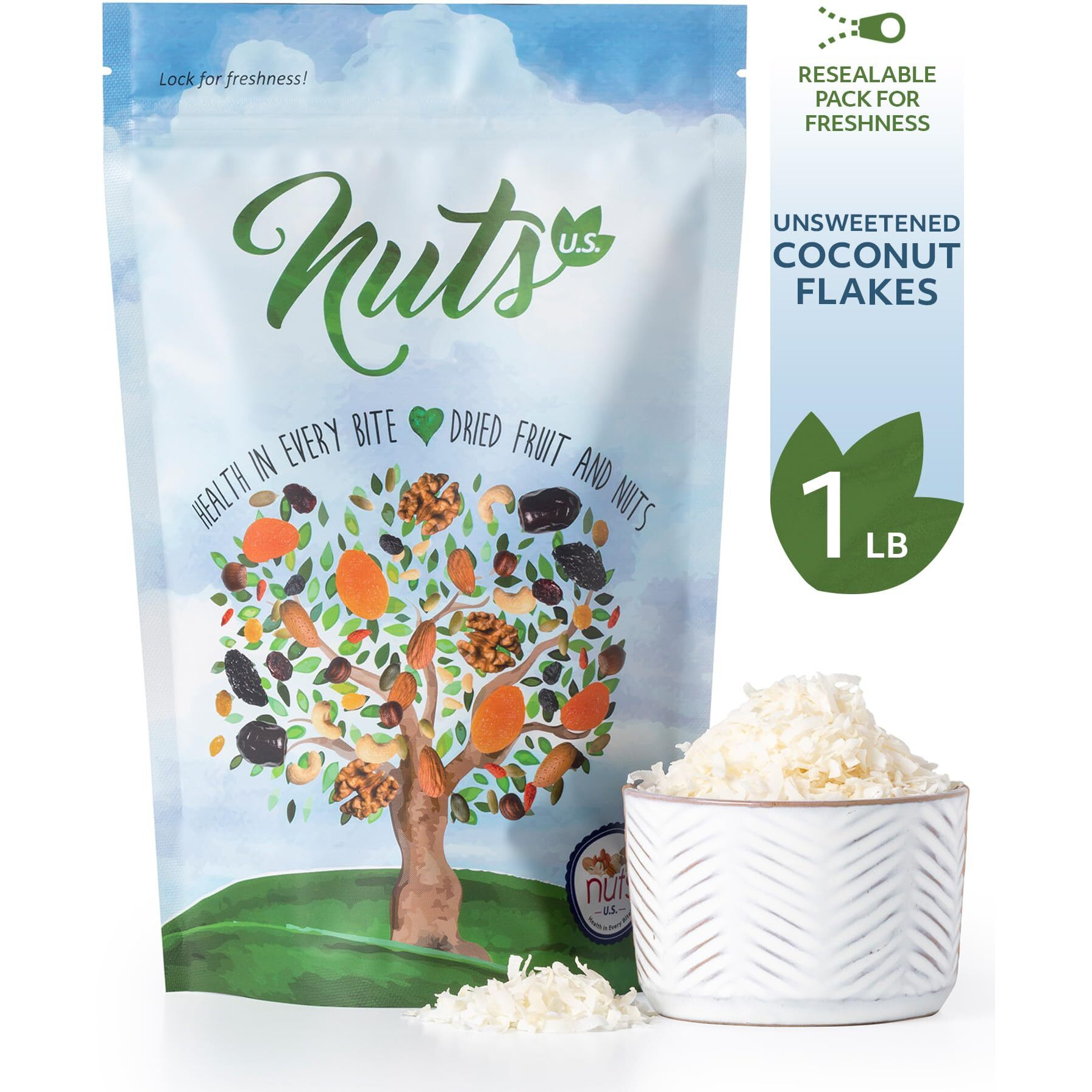 Nuts U.S. - Unsweetened Coconut Flakes | Thin & Feathery Flakes Of Coconuts | Mild, Fresh And Characteristics Of Coconut | No Additional Color & Flavor | Non-Gmo And Natural (1 Lb)