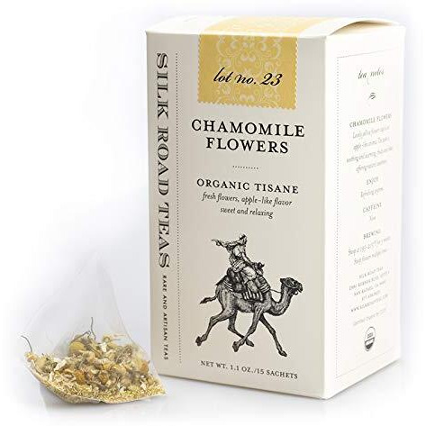 Silk Road Teas Organic Fair Trade Chamomile Flower Tea, Caffeine Free, Calming, Herbal, Fruity & Naturally Sweet Flavors, 15 Non-Gmo Biodegradable Tea Bags