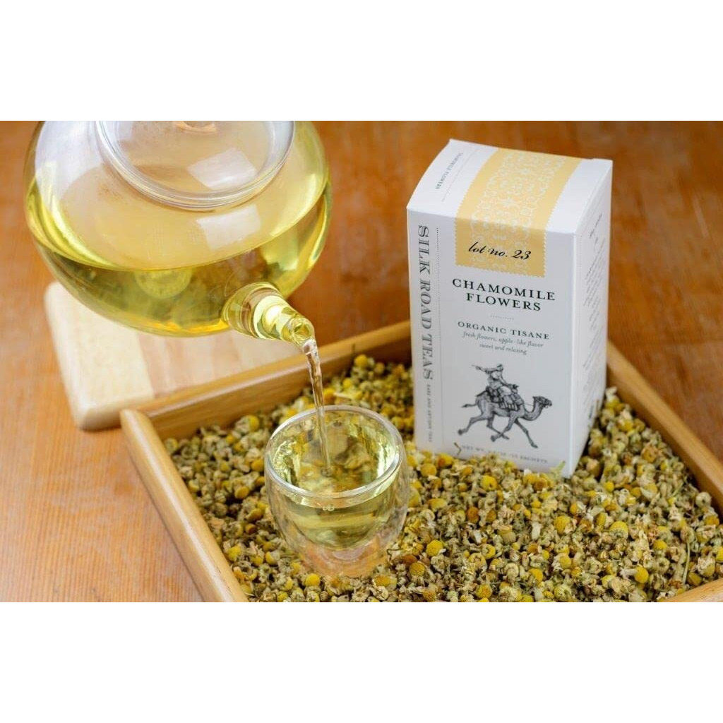 Silk Road Teas Organic Fair Trade Chamomile Flower Tea, Caffeine Free, Calming, Herbal, Fruity & Naturally Sweet Flavors, 15 Non-Gmo Biodegradable Tea Bags