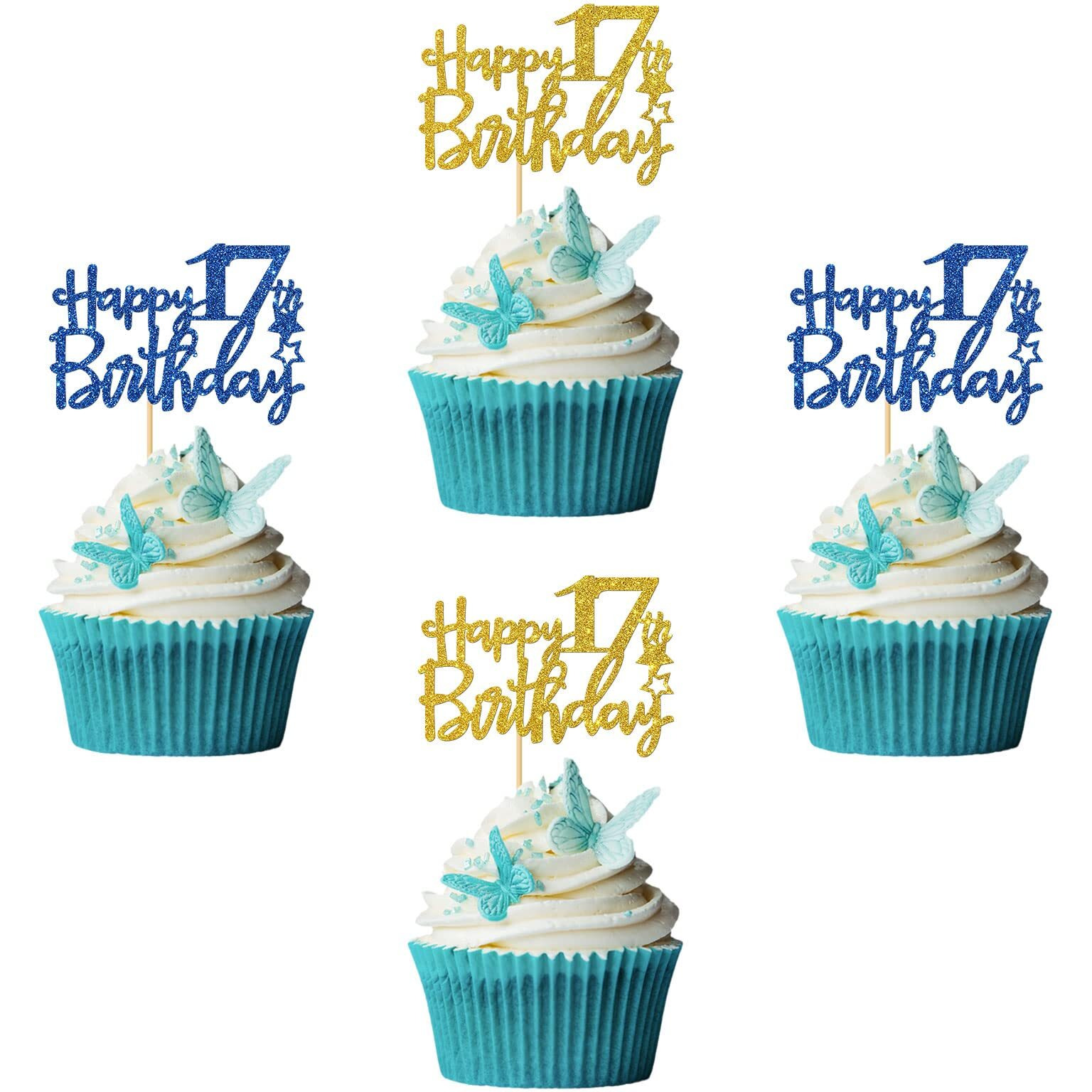 Roadsea Happy 17Th Birthday Cupcake Toppers - Girl Boy 17 Years Old Birthday Cupcake Supplies - 17Th Birthday Party Decorations - 24 Pcs Blue & Gold Glitter (17Th)