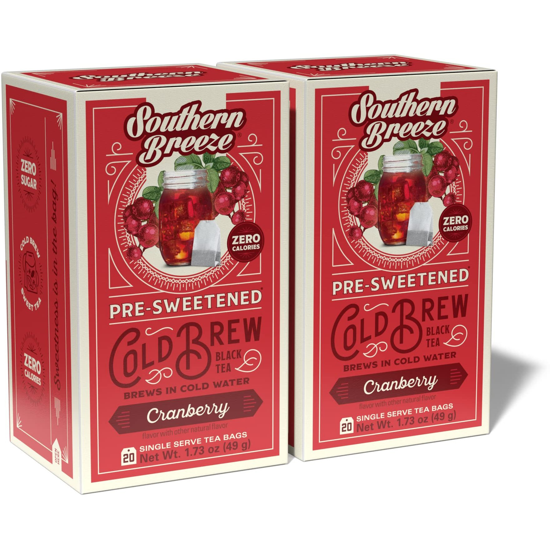Southern Breeze Cold Brew Sweet Tea Cranberry Iced Tea With Black Tea And Zero Carbs Zero Sugar, 20 Individually Wrapped Tea Bags Pack Of 2